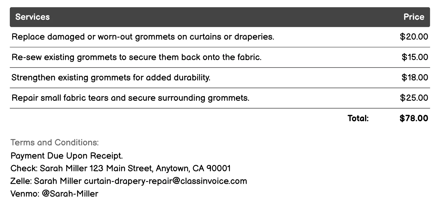 Grommet Repair Invoice Example