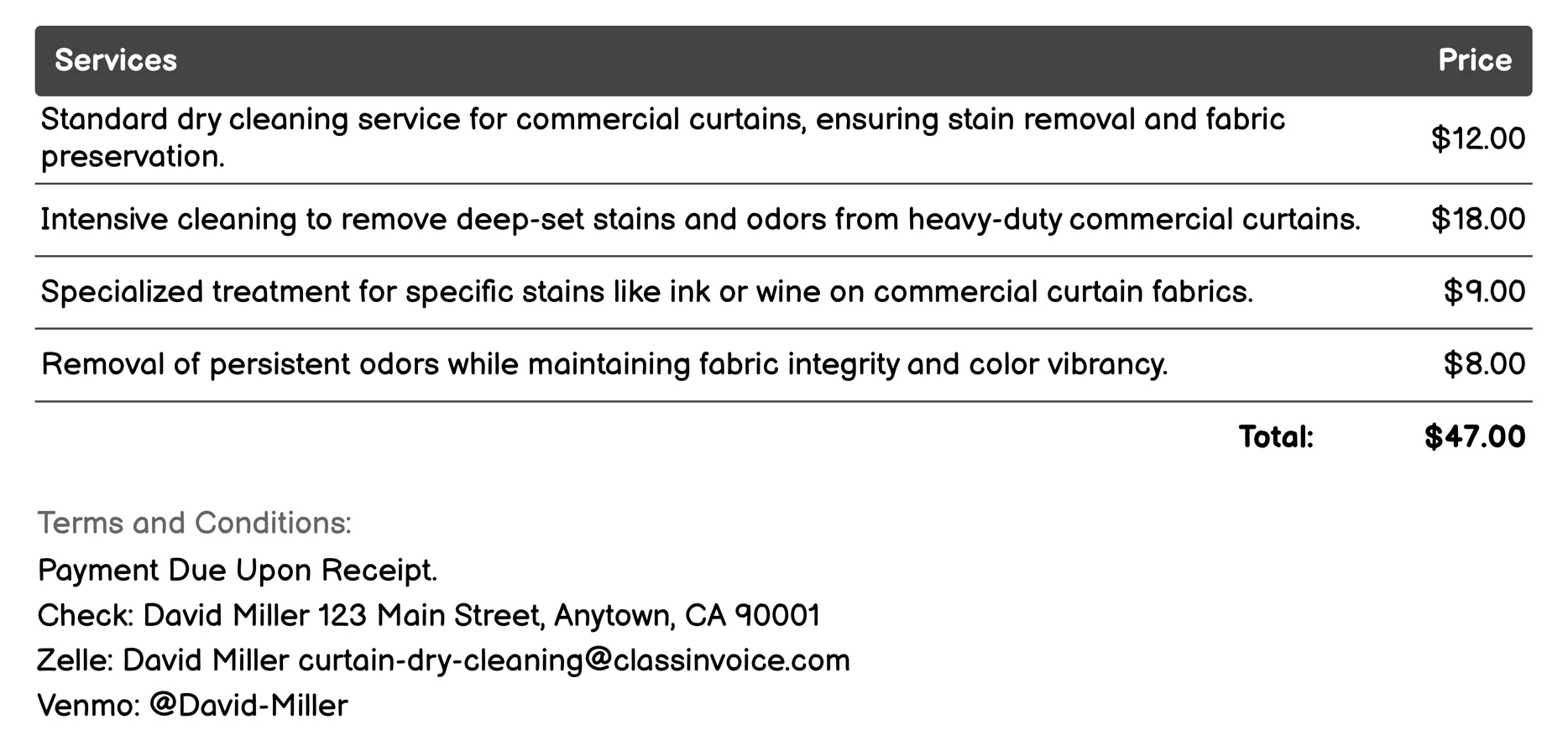 Commercial Curtain Dry Cleaning Invoice Example