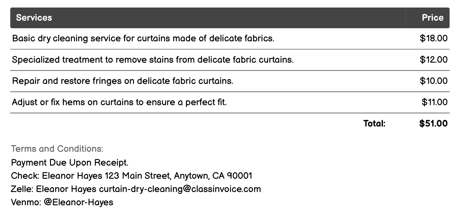 Delicate Fabrics Curtain Care Invoice Example