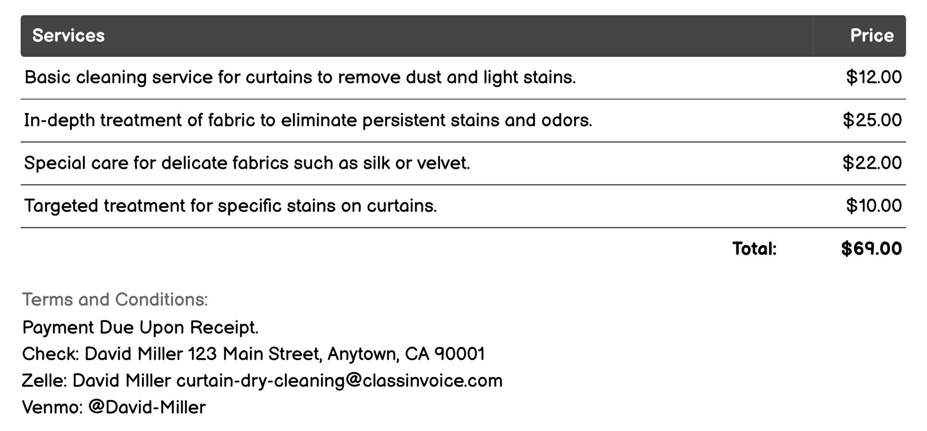 Post-Event Curtain Cleaning Invoice Example