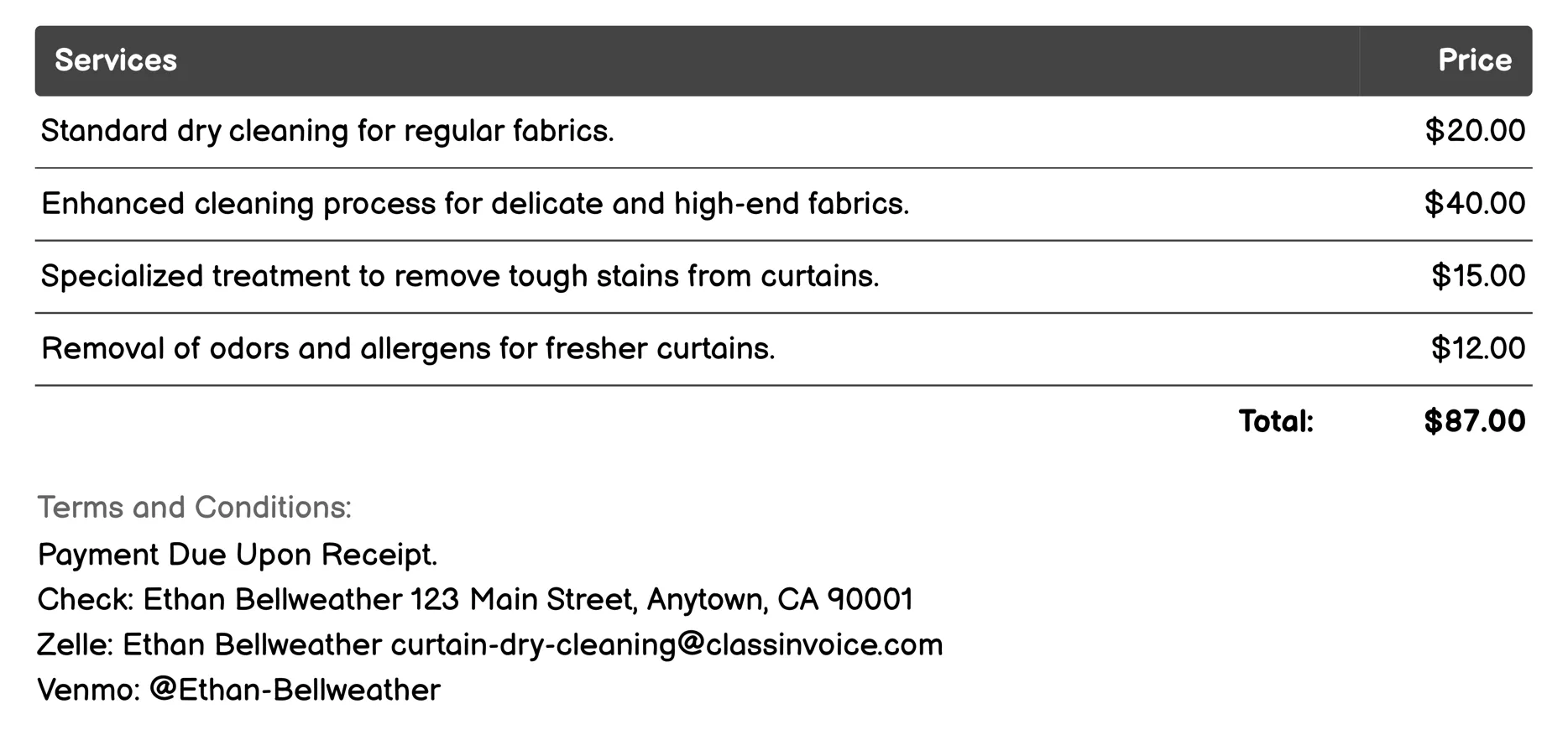 Residential Curtain Dry Cleaning Invoice Example