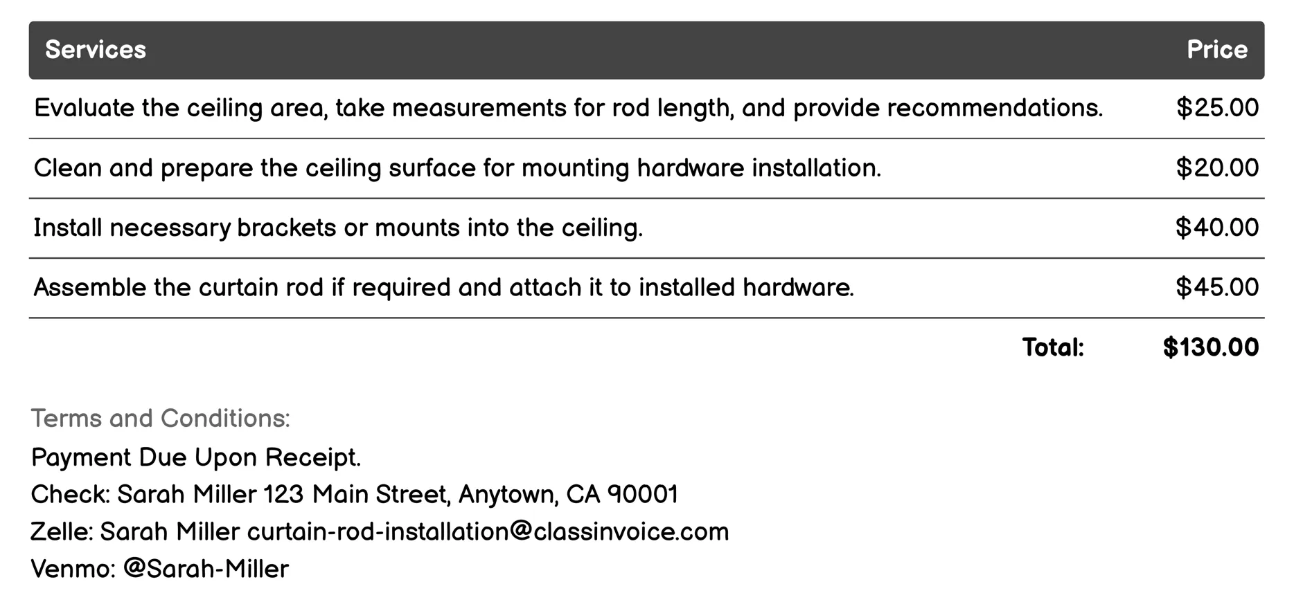 Ceiling-Mounted Curtain Rod Installation Invoice Example