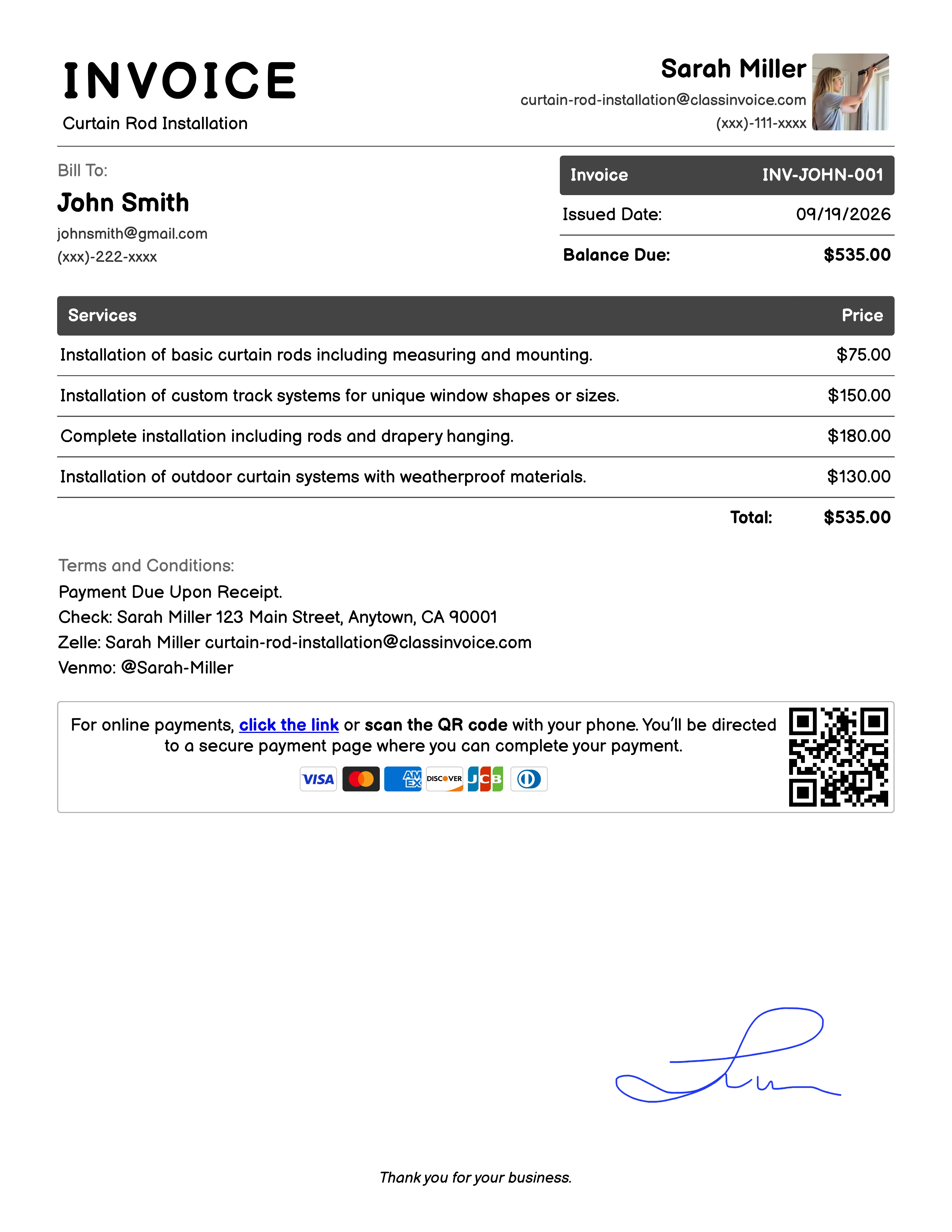 Curtain Rod Installation Invoice Example