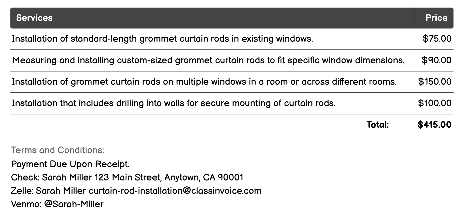 Grommet Curtain Rod Installation Invoice Example