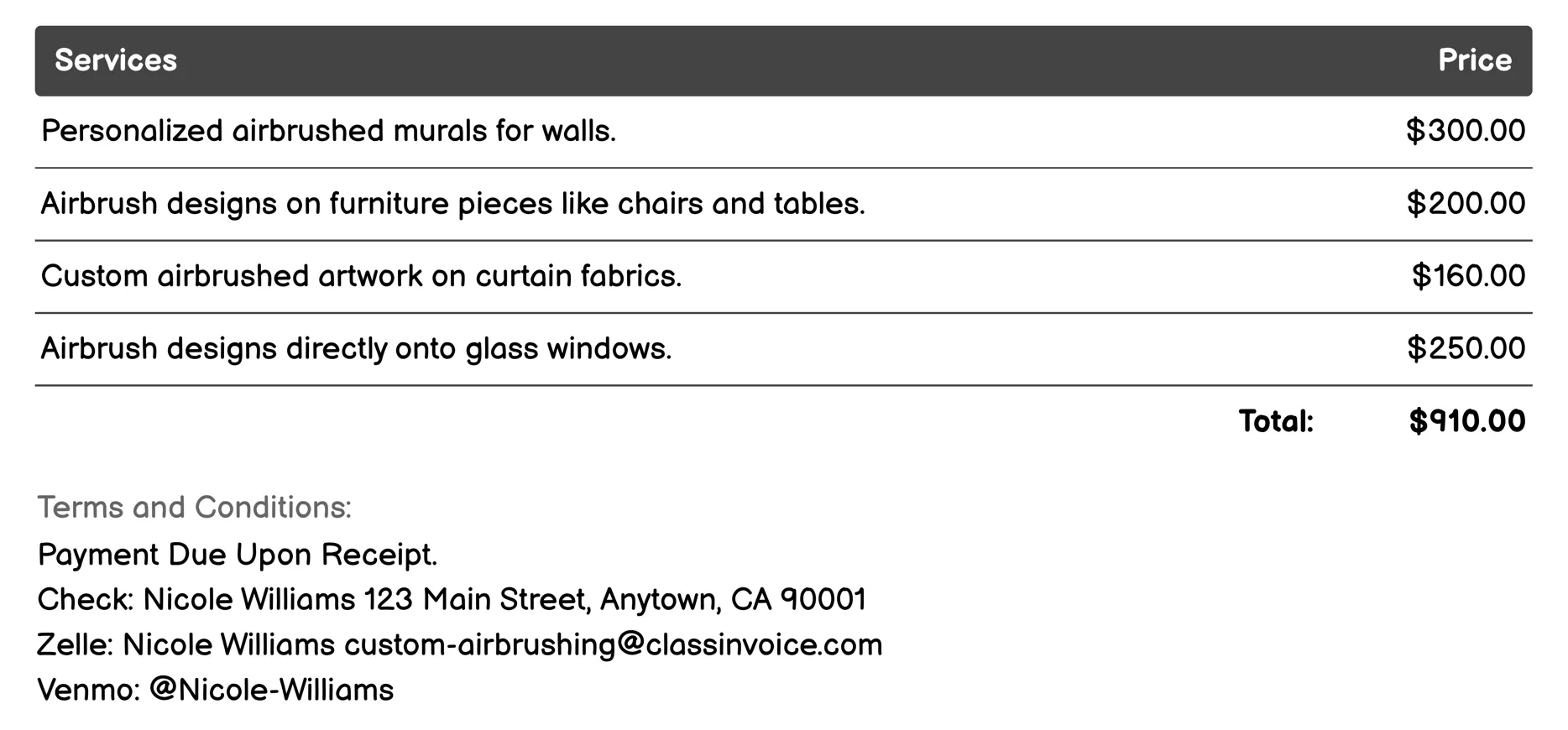 Home Décor Invoice Example
