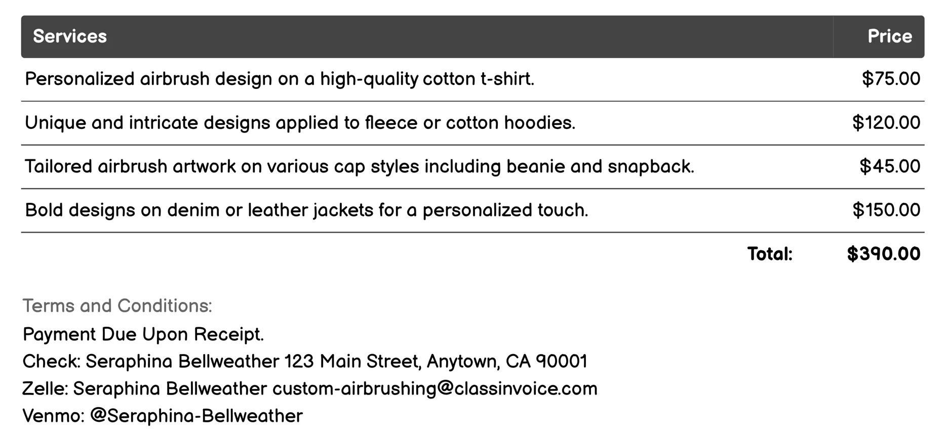 Wearable Art Invoice Example