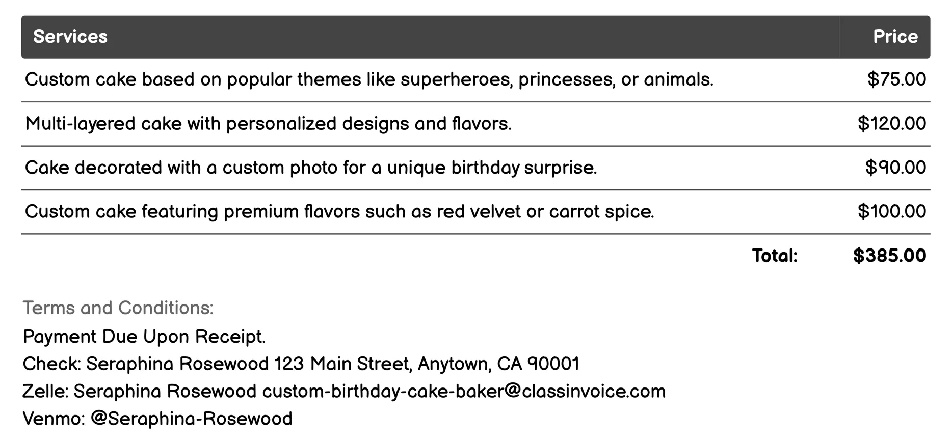 Event-Specific Designs Invoice Example