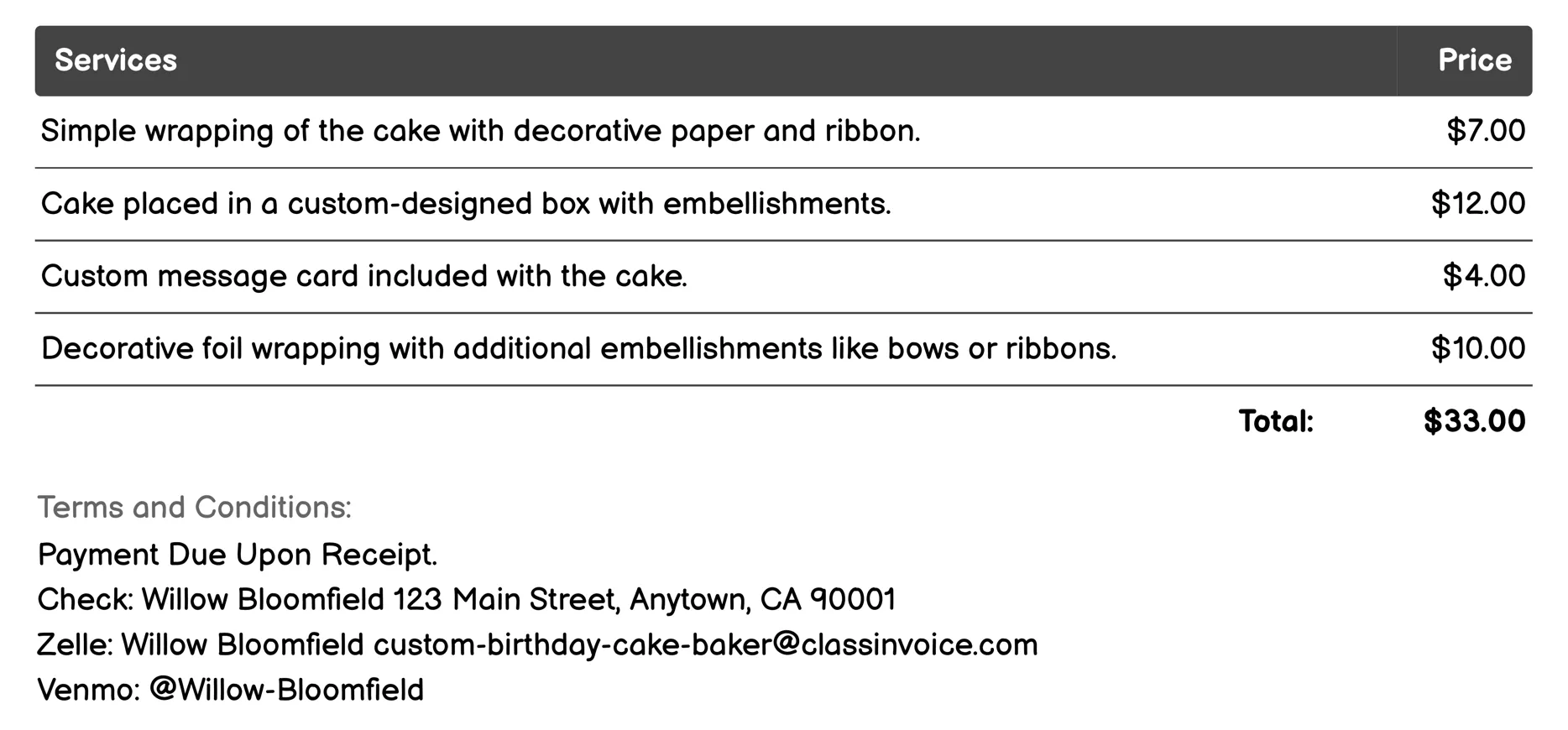 Gift Wrapping and Presentation Invoice Example