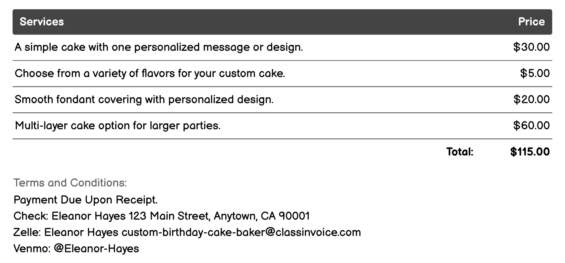 Personalized Cakes Invoice Example