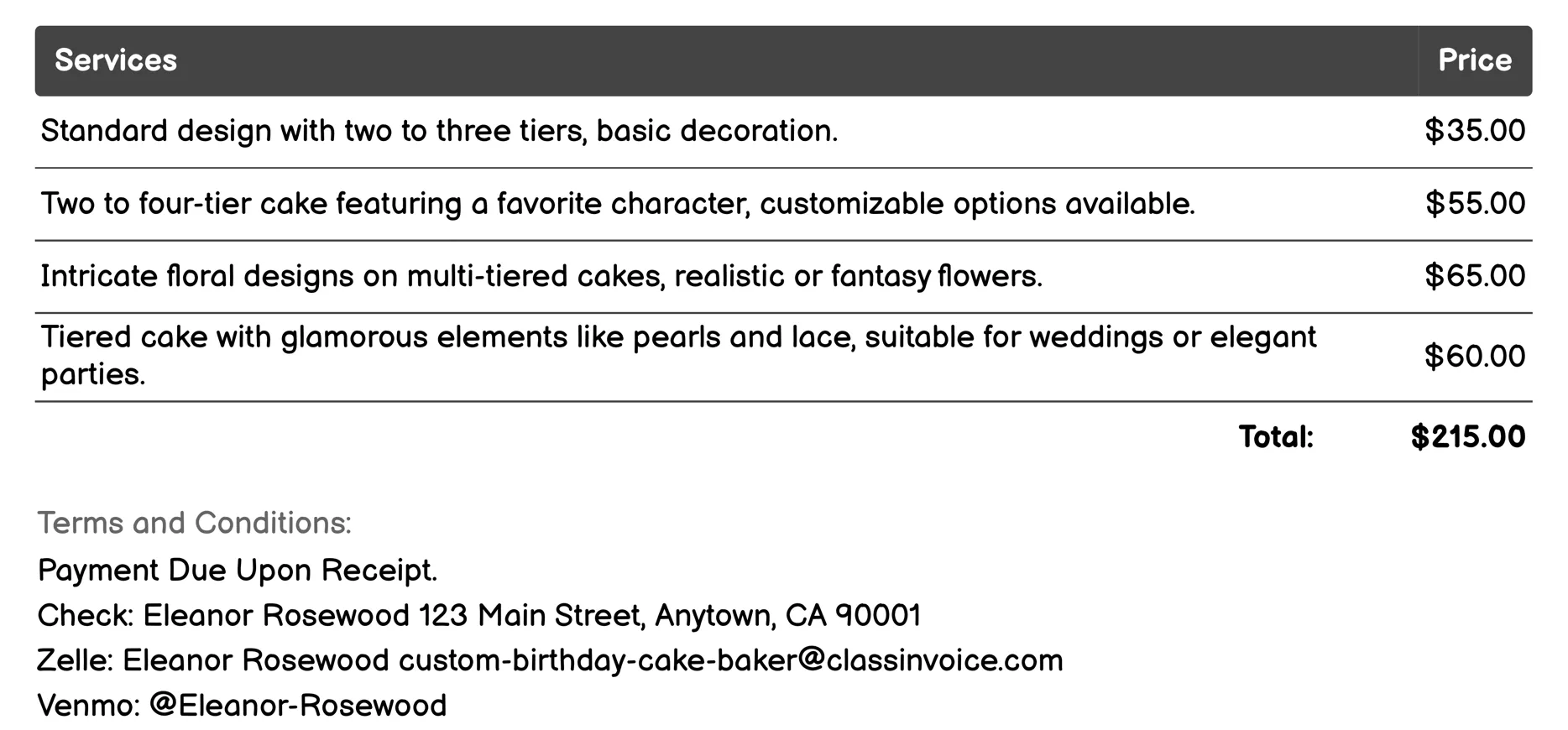 Tiered Cake Designs Invoice Example