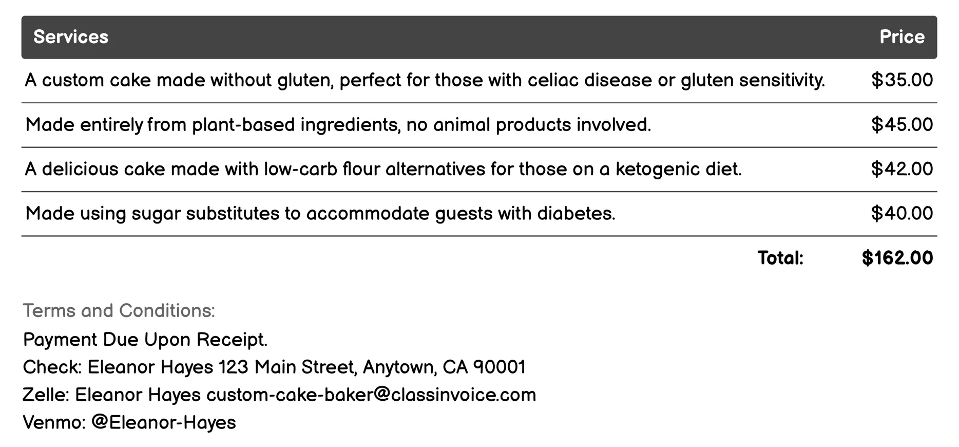 Dietary-Specific Cakes Invoice Example