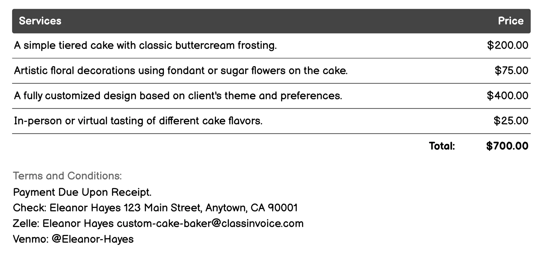 Wedding Cakes Invoice Example