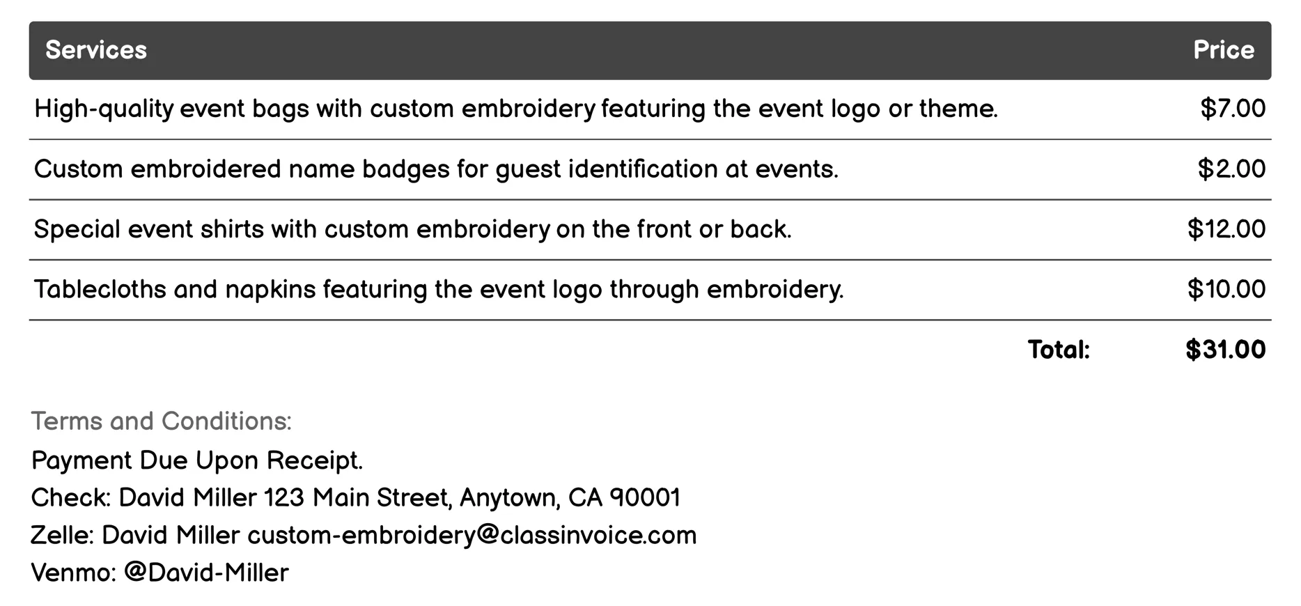 Event Memorabilia Invoice Example