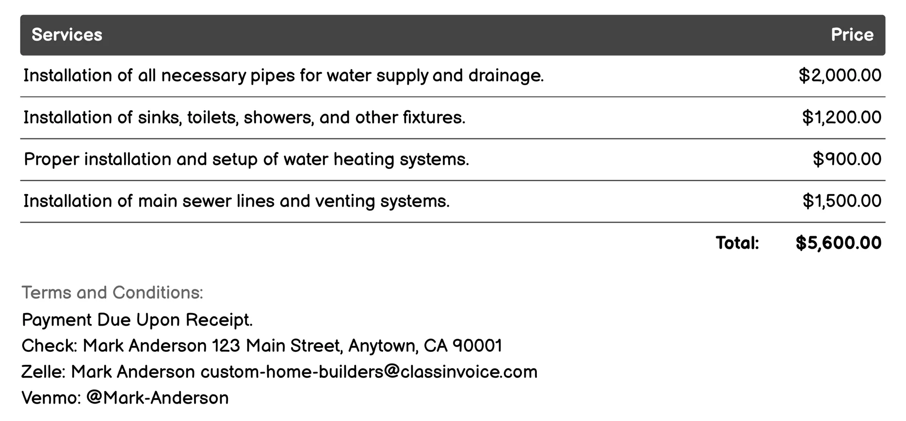 Plumbing Systems Invoice Example