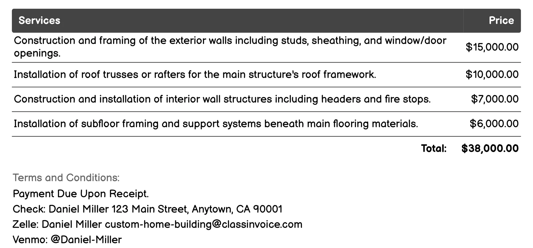 Framing Invoice Example