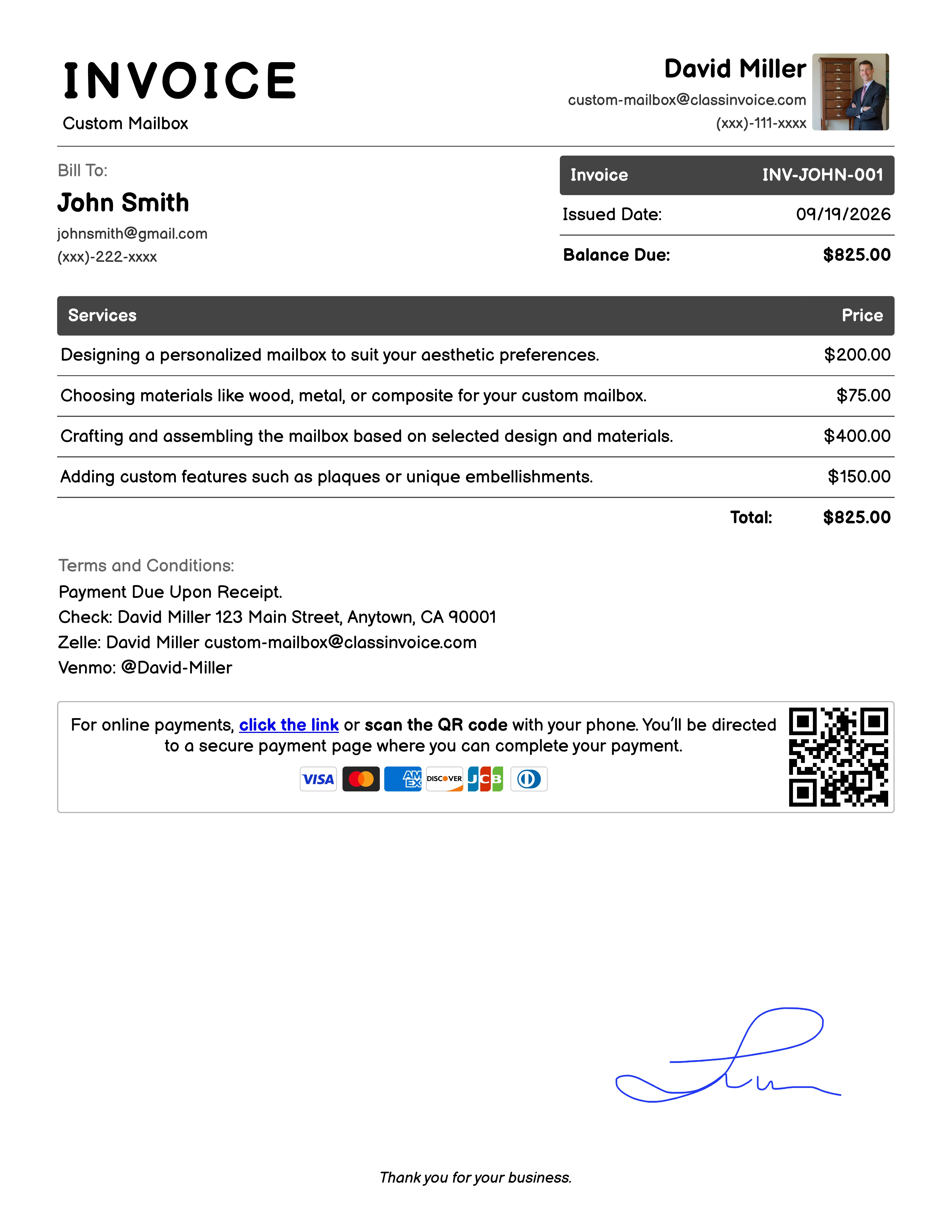 Custom Mailbox Invoice Example