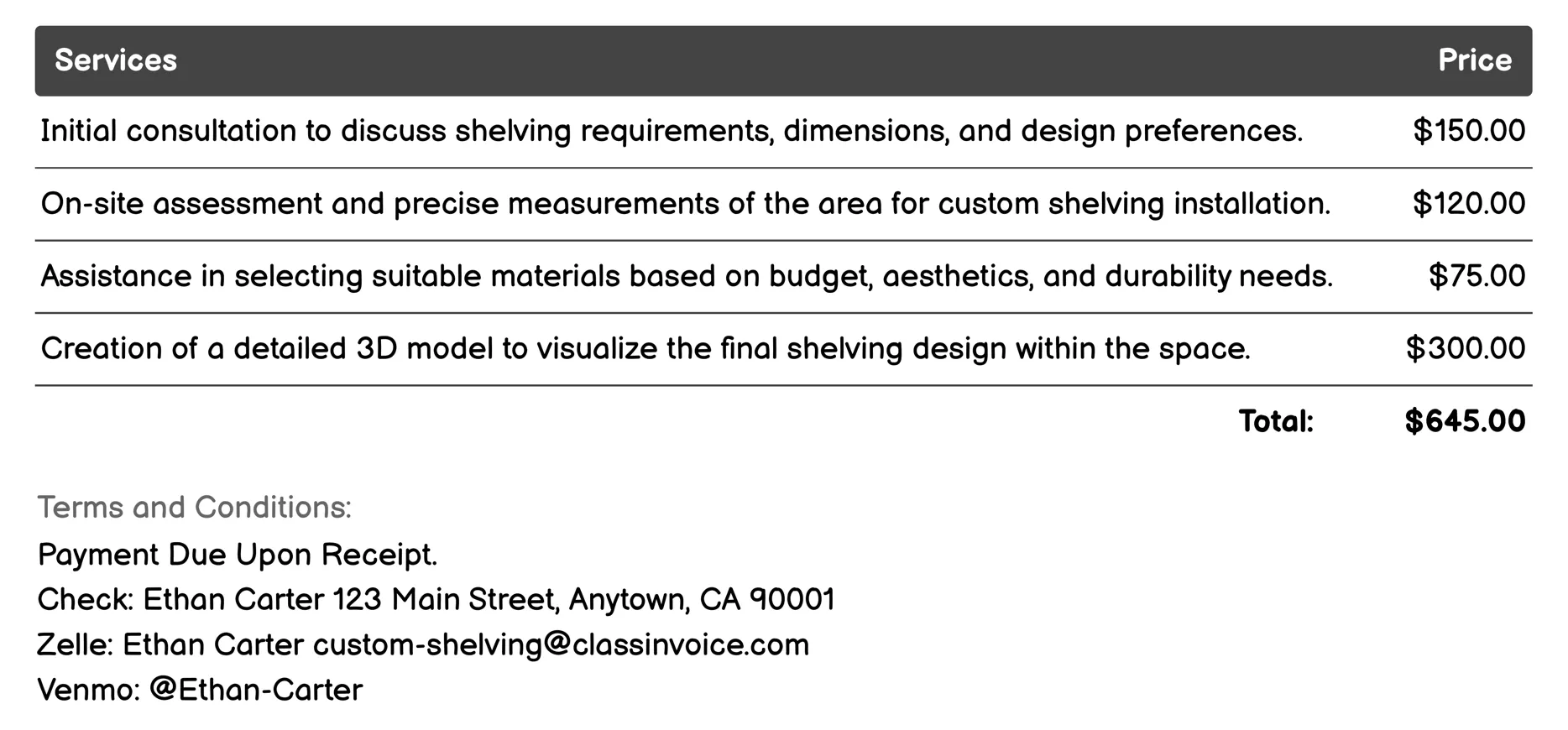 Commercial Office Shelving Invoice Example