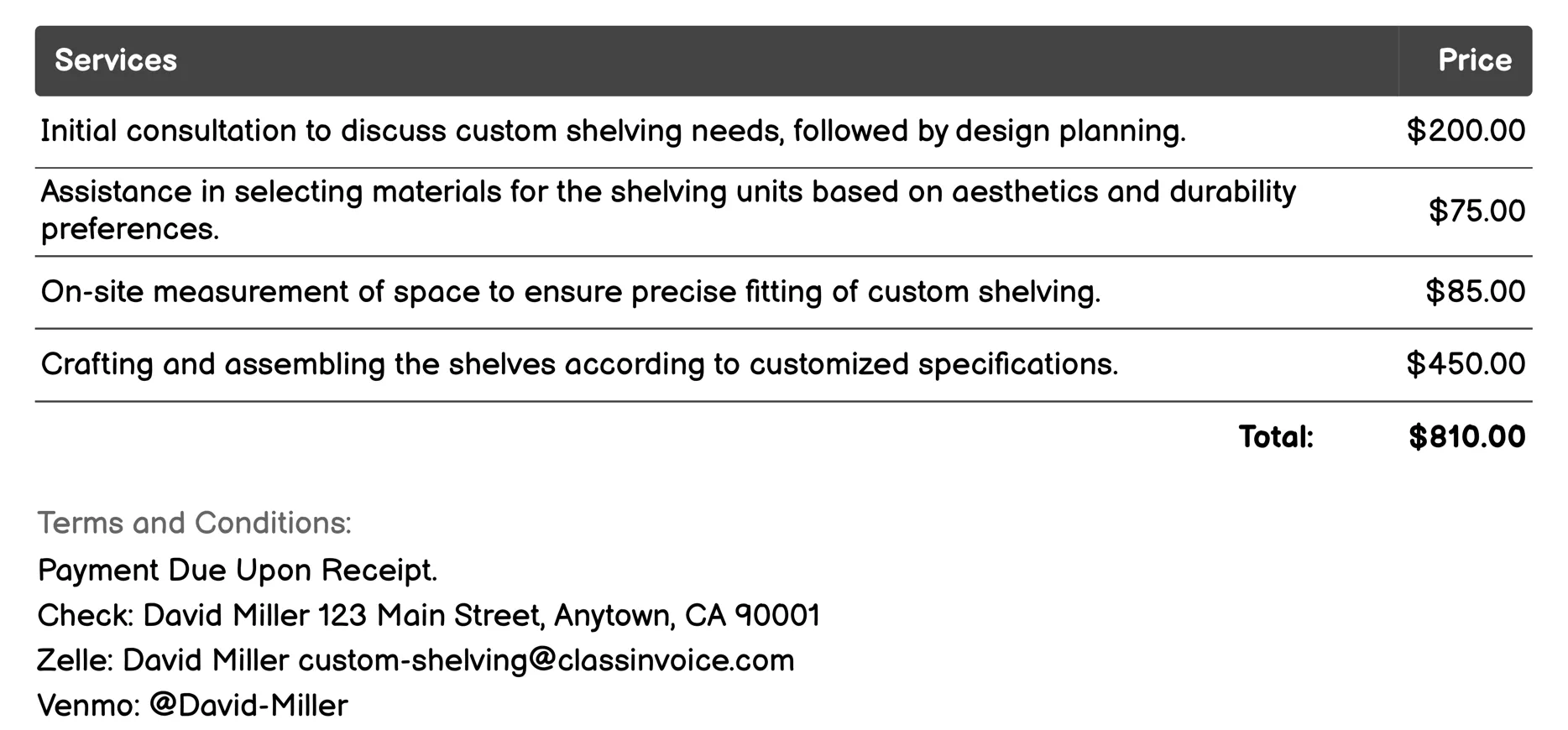 Home Office Custom Shelving Invoice Example
