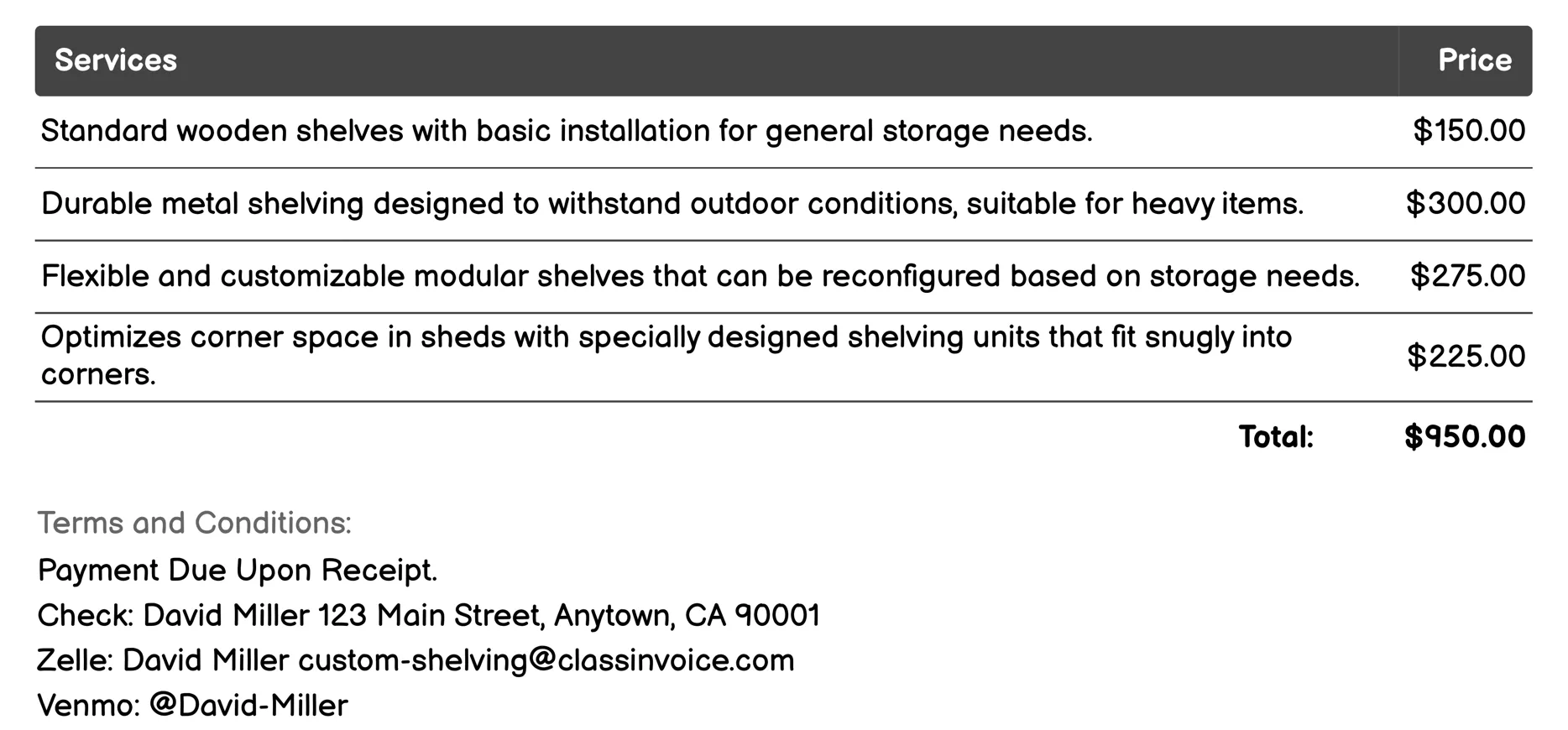 Outdoor Shed Custom Shelves Invoice Example