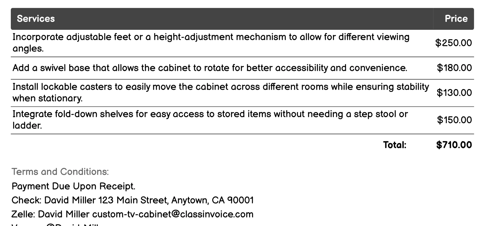 Mobility Options Invoice Example