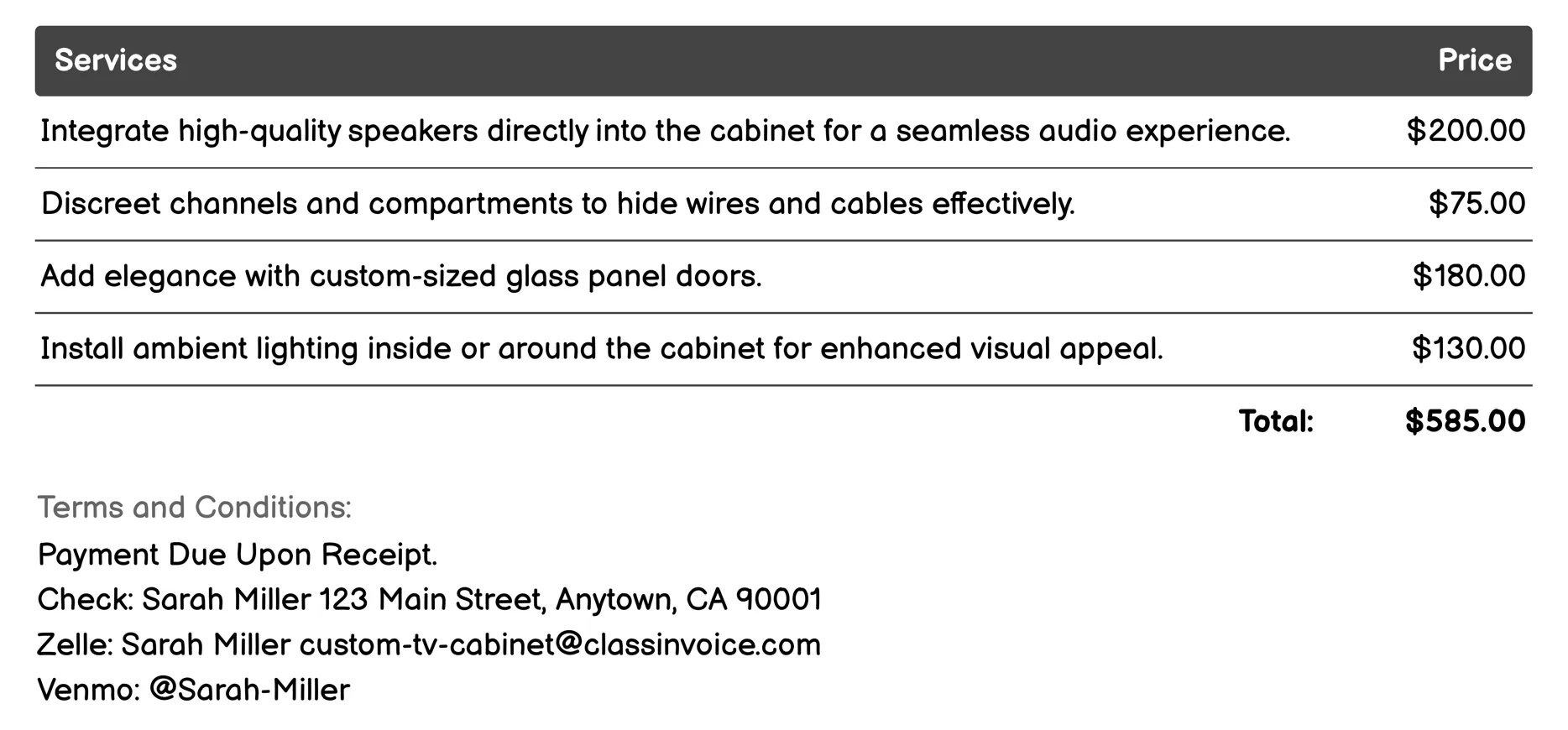 Specialty Add-ons Invoice Example