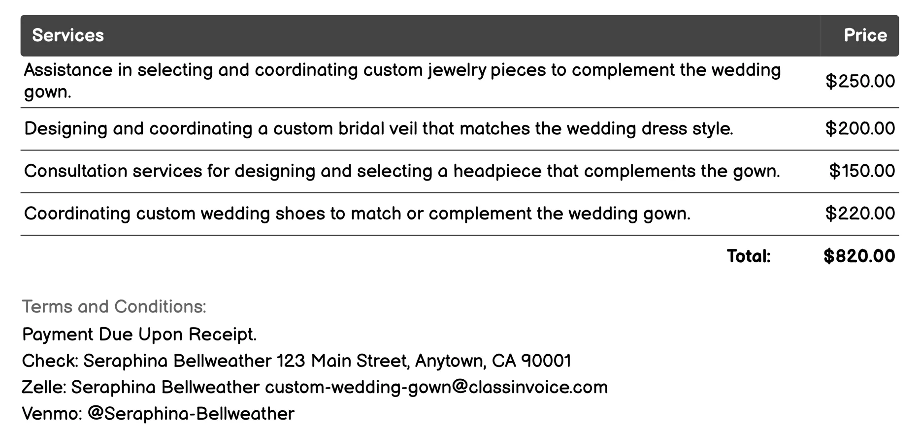 Accessories Coordination Invoice Example