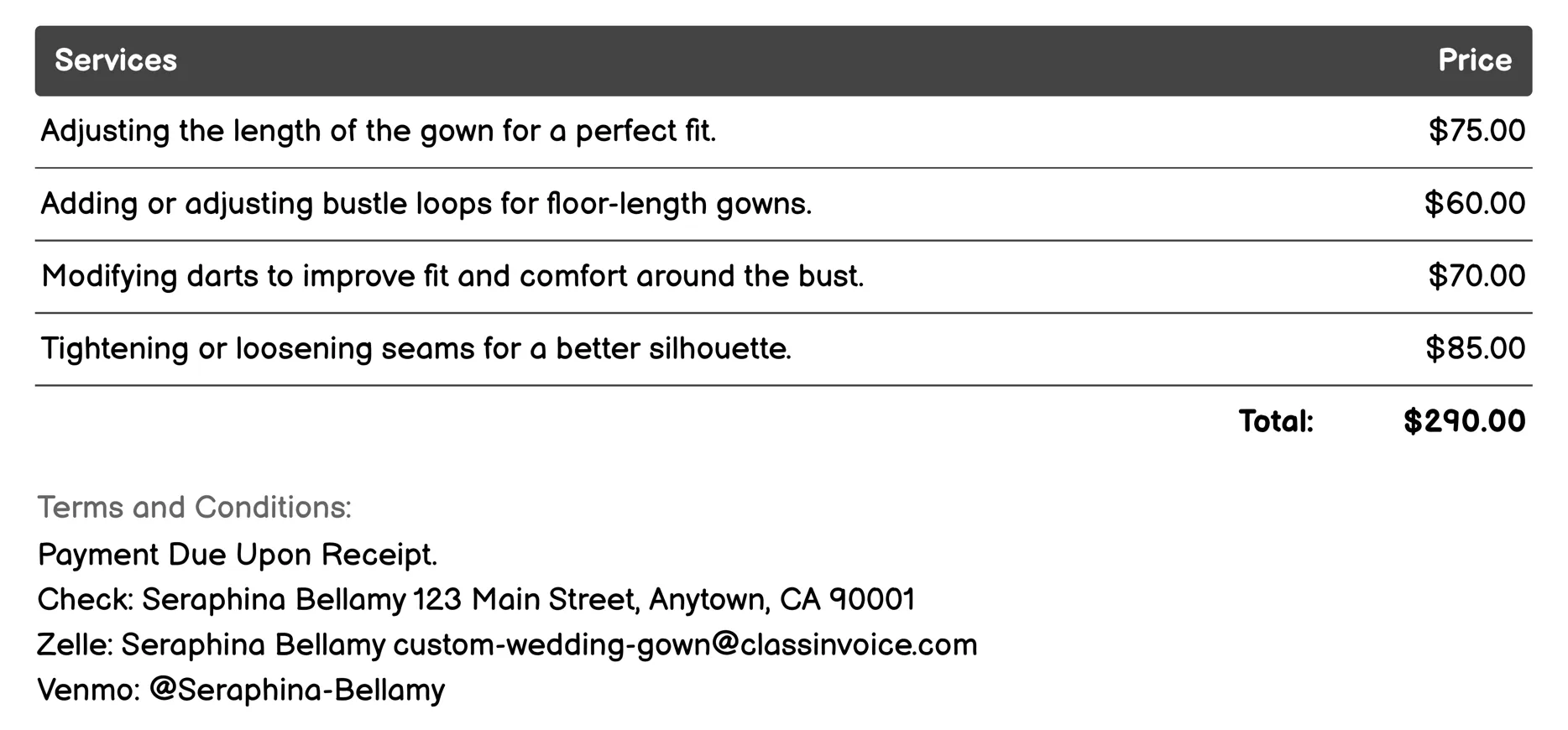 Alteration Services Invoice Example