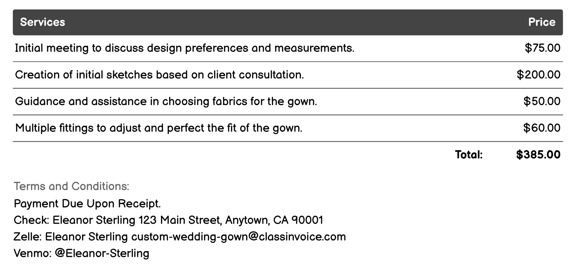 Bespoke Tailoring Invoice Example