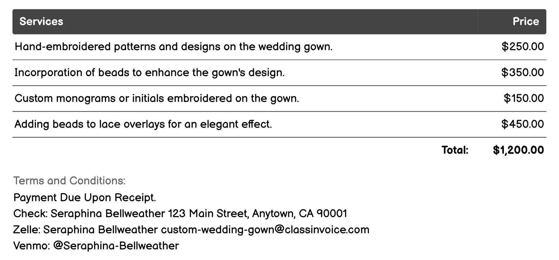 Custom Embroidery and Beadwork Invoice Example