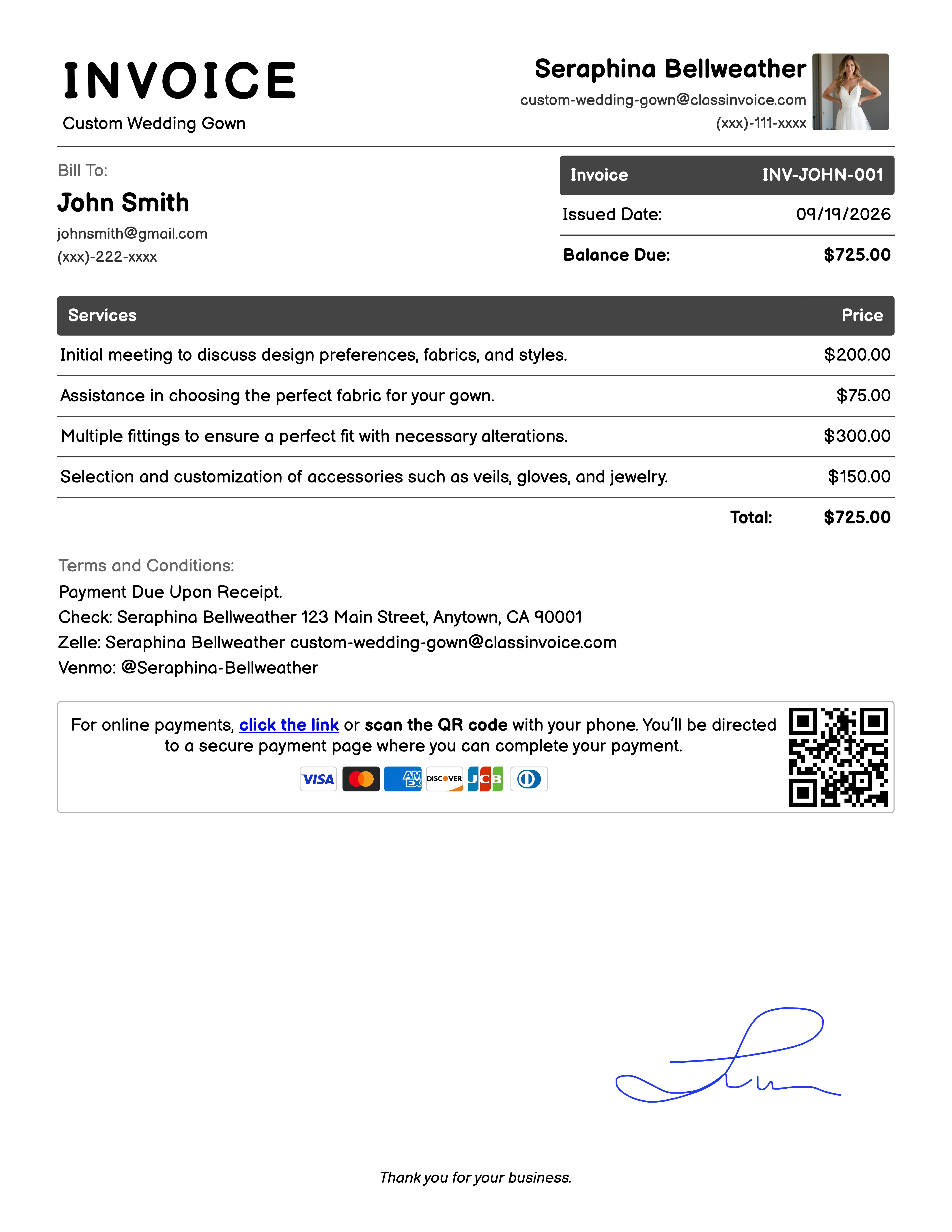 Custom Wedding Gown Invoice Example