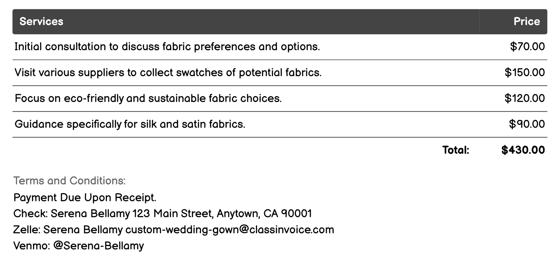 Fabric Selection Service Invoice Example
