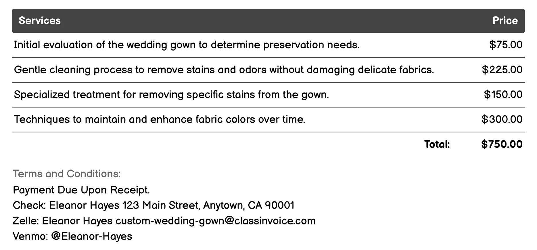 Timeless Preservation Service Invoice Example