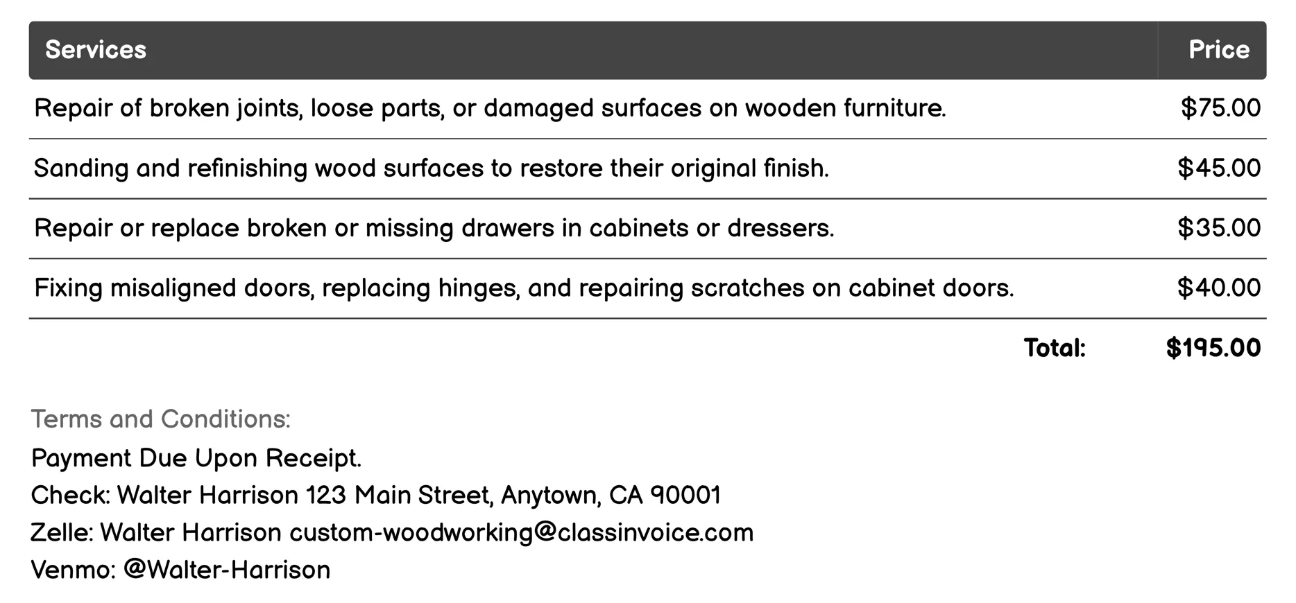 Woodworking Repairs Invoice Example