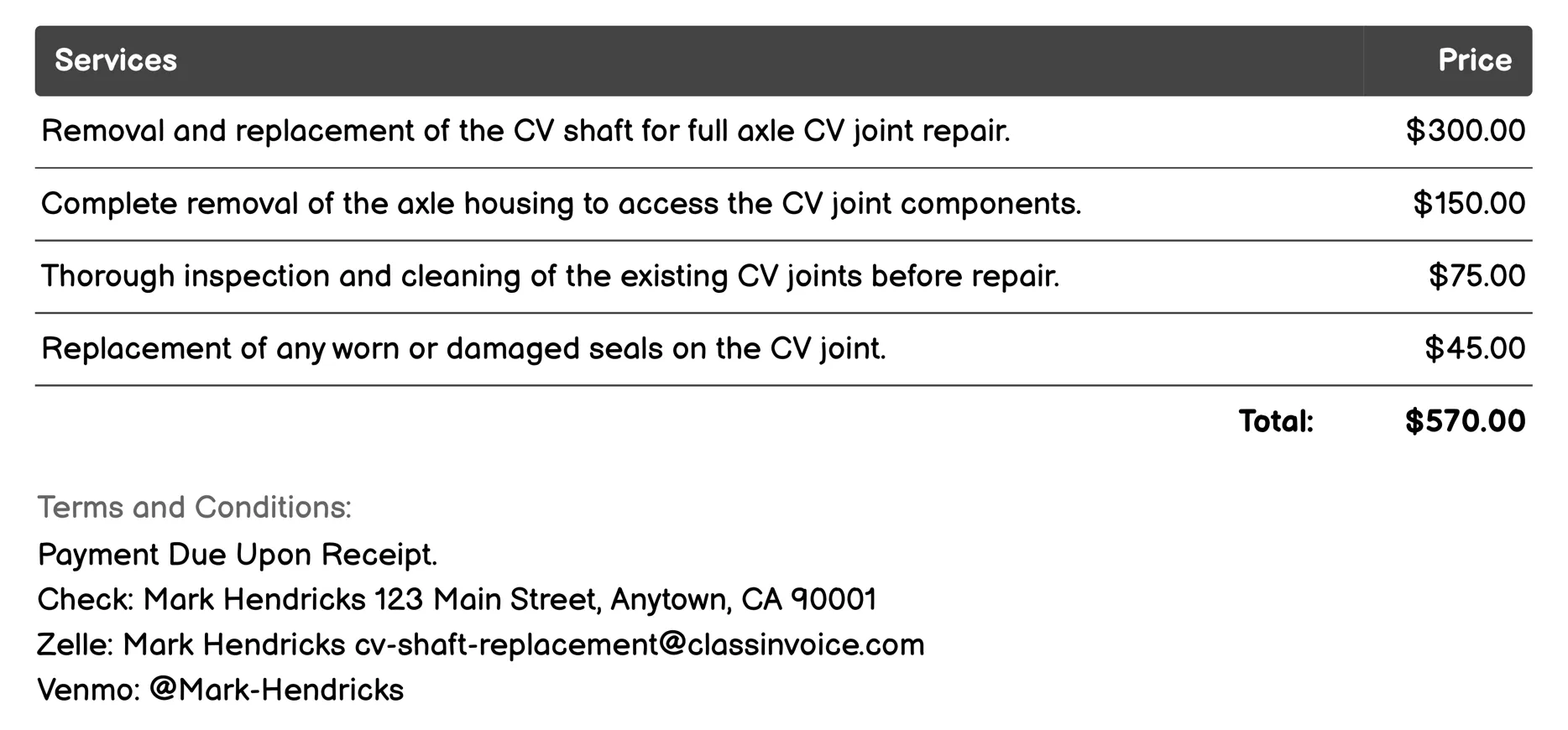 Full Axle CV Joint Repair Invoice Example