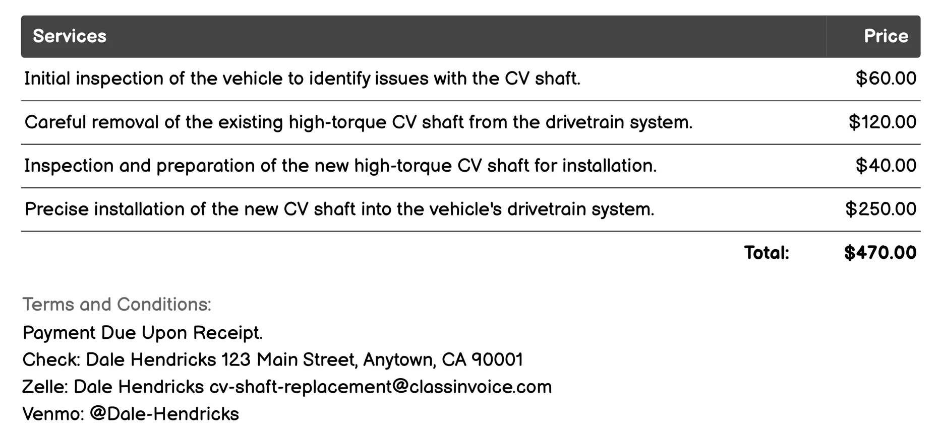 High-Torque CV Shaft Installation Invoice Example