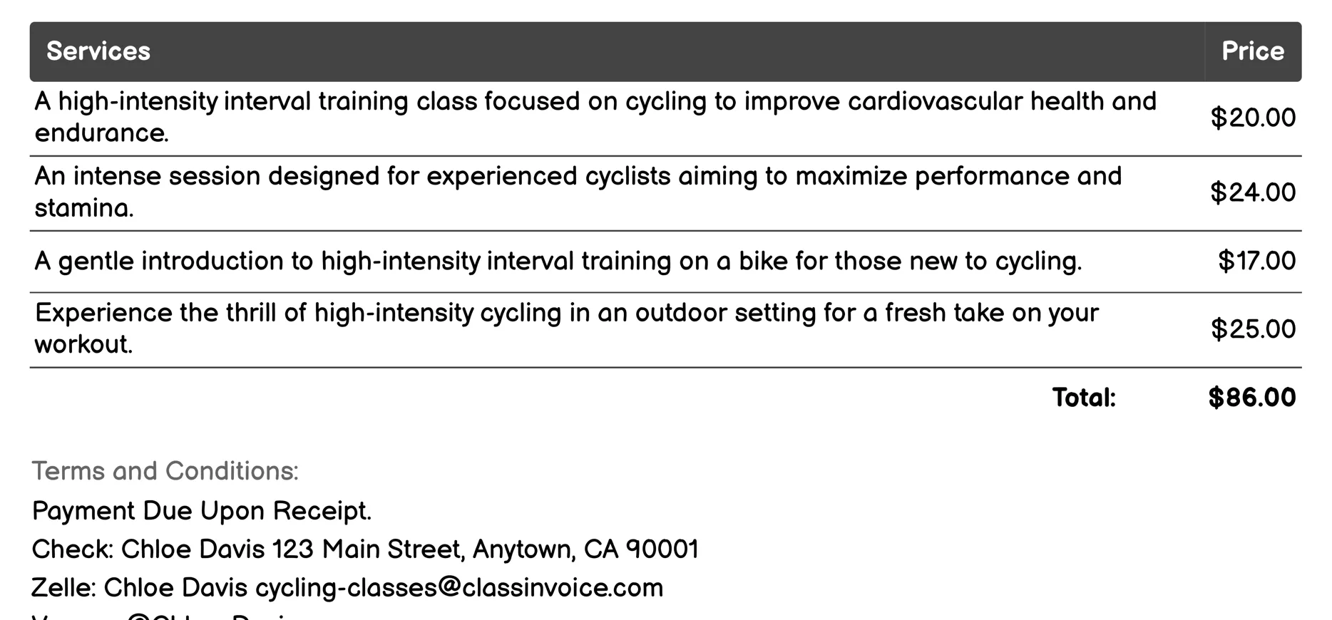 HIIT Cycling Invoice Example