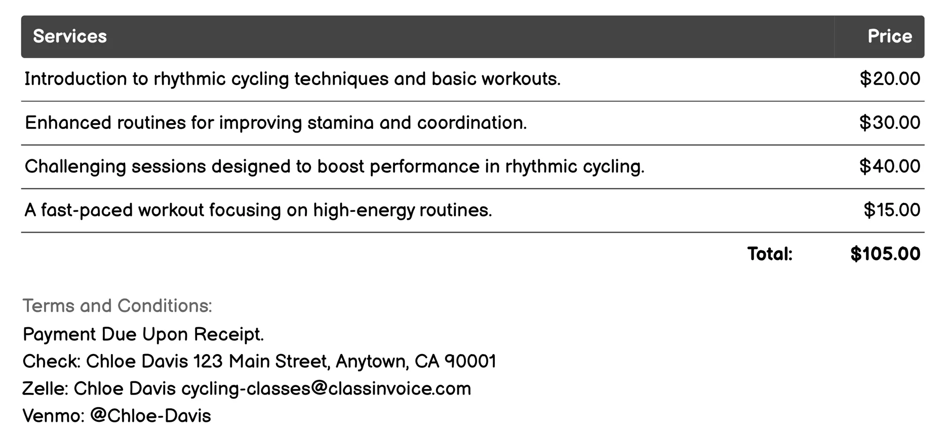Rhythmic Cycling Invoice Example