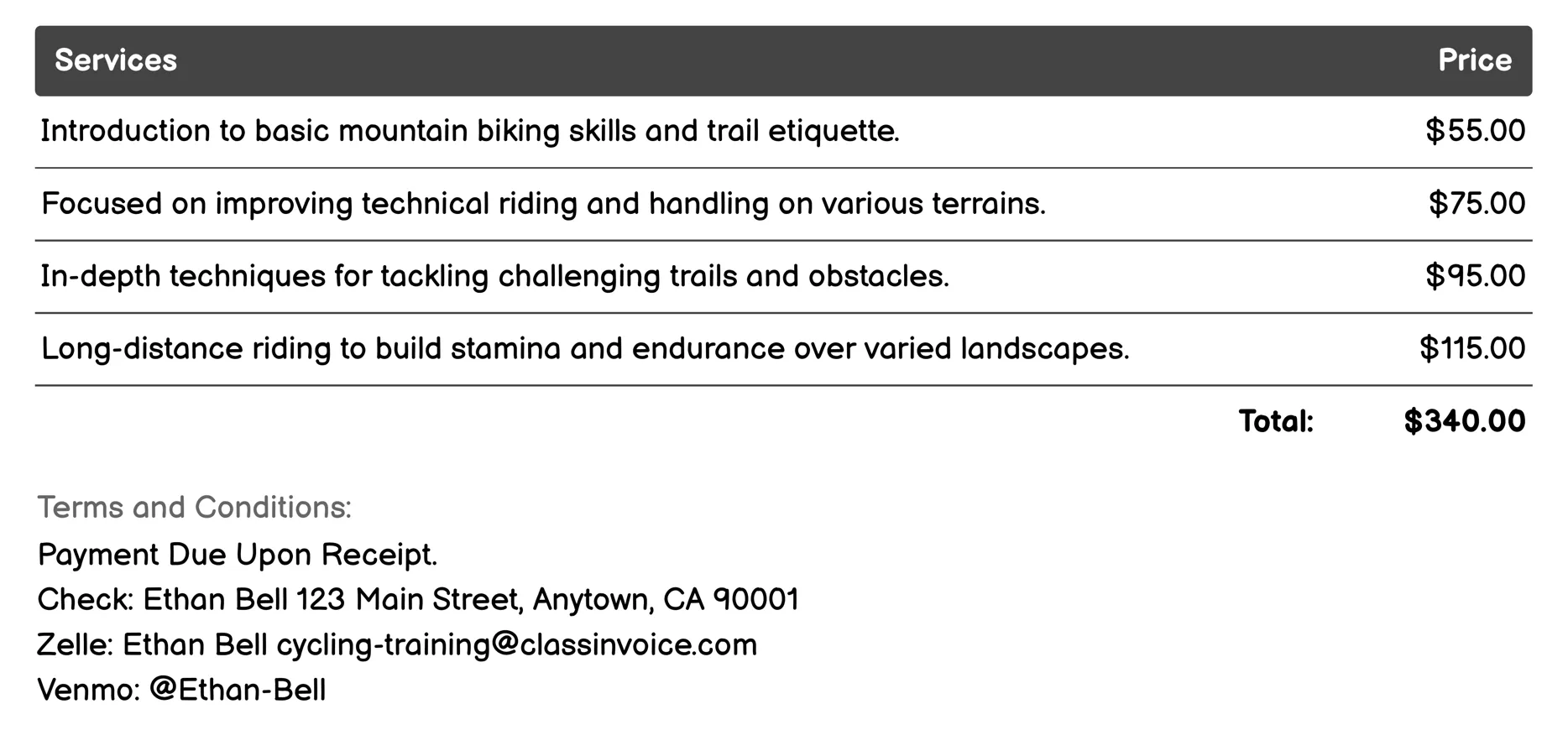 Mountain Biking Sessions Invoice Example