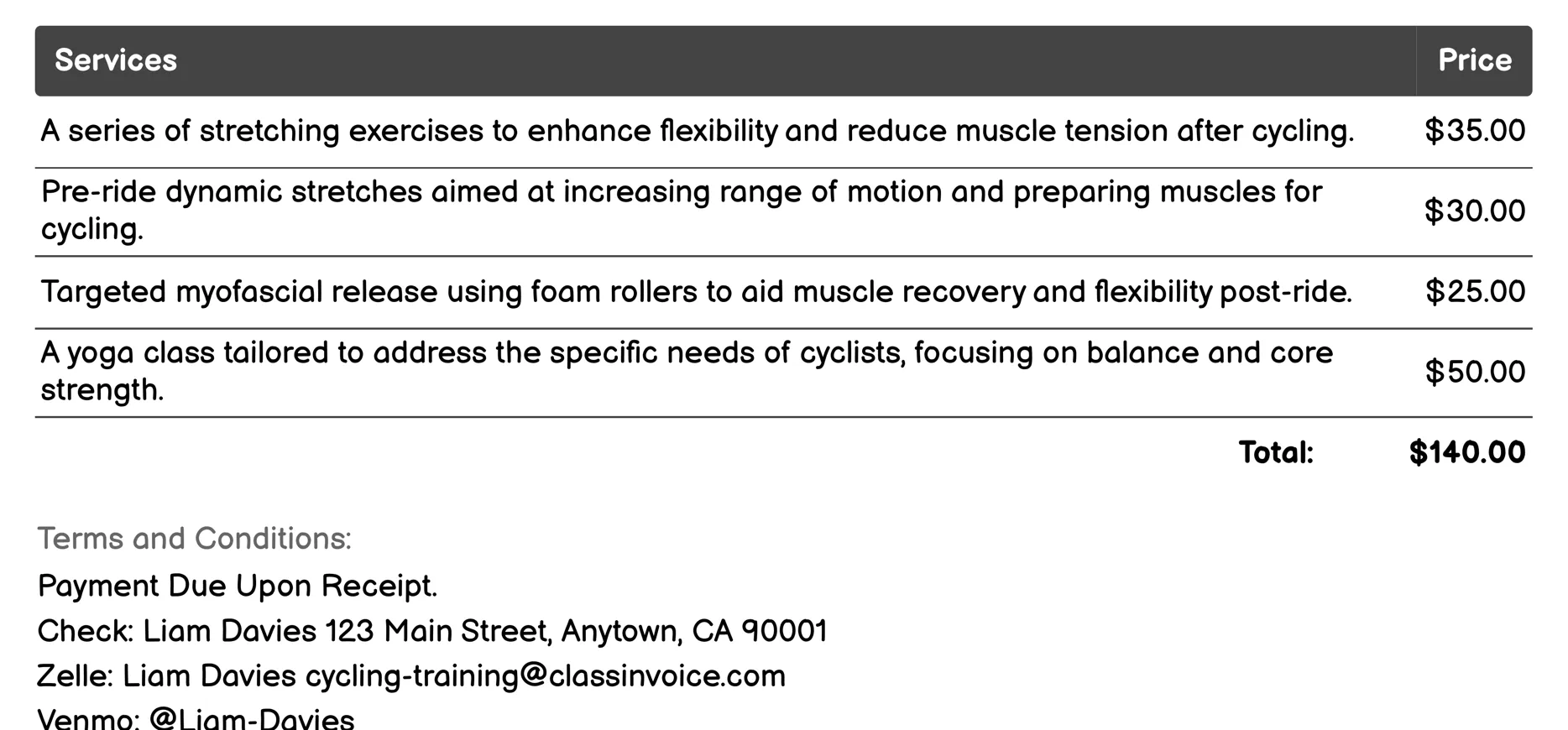 Recovery and Flexibility Training Invoice Example