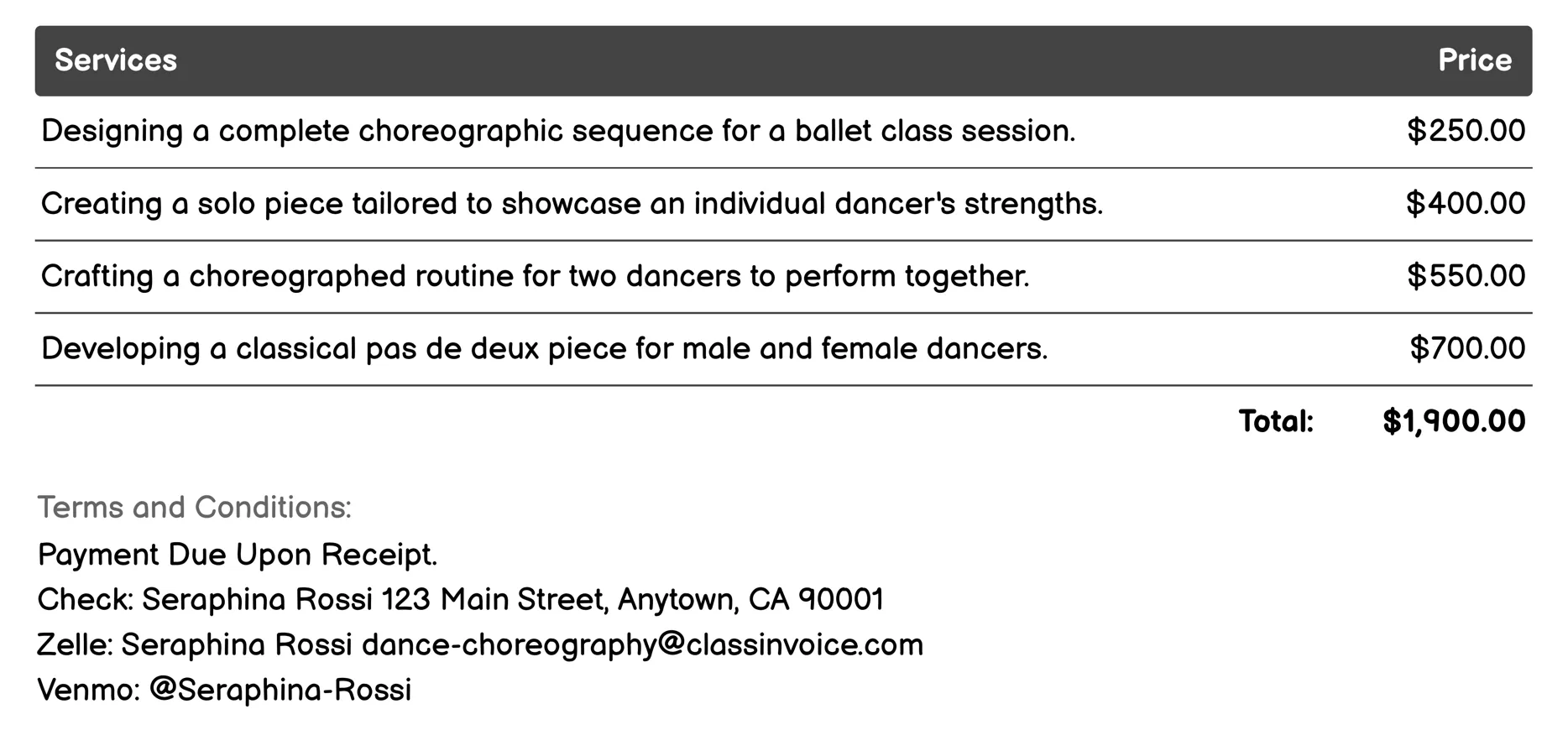 Classical Ballet Choreography Invoice Example