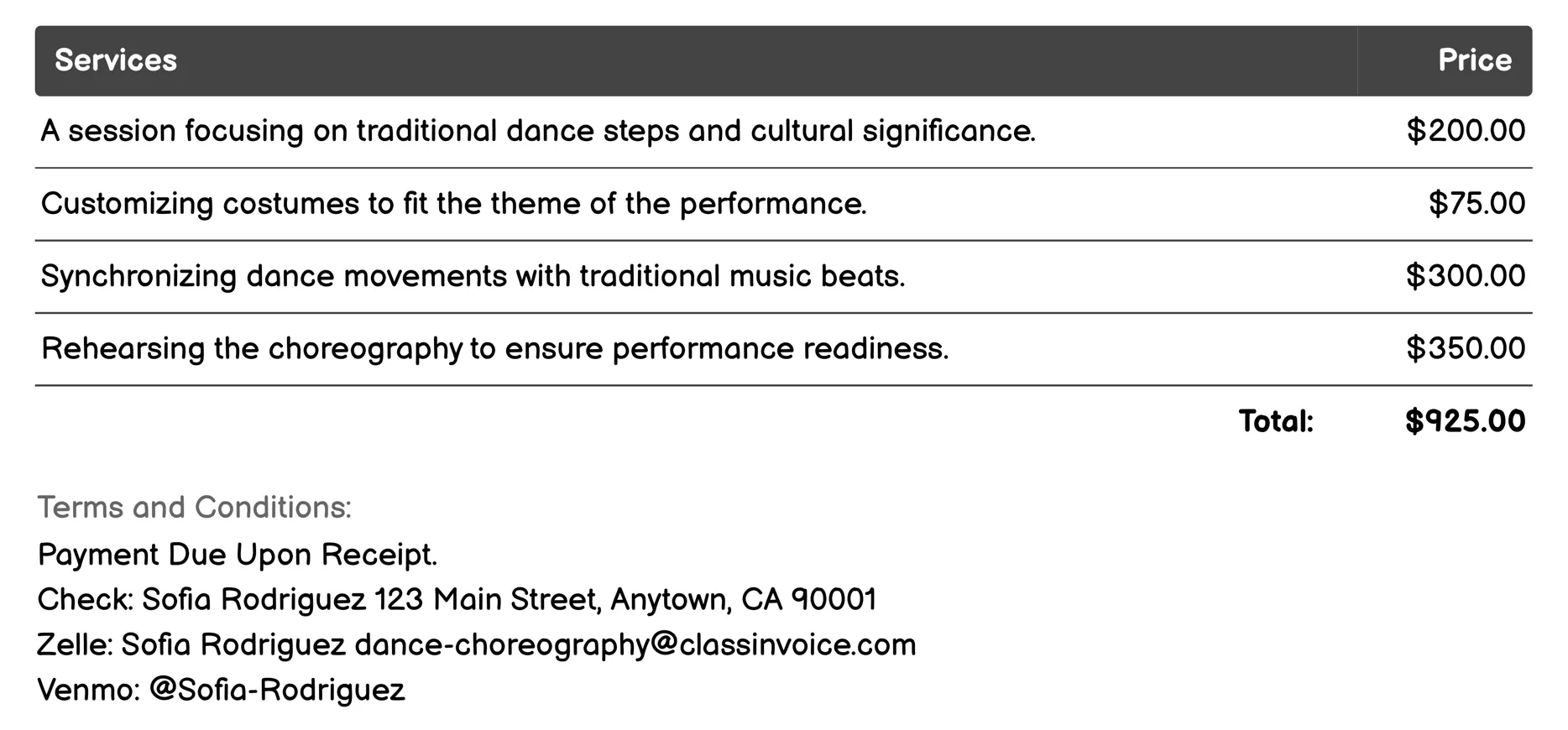 Cultural Dance Choreography Invoice Example