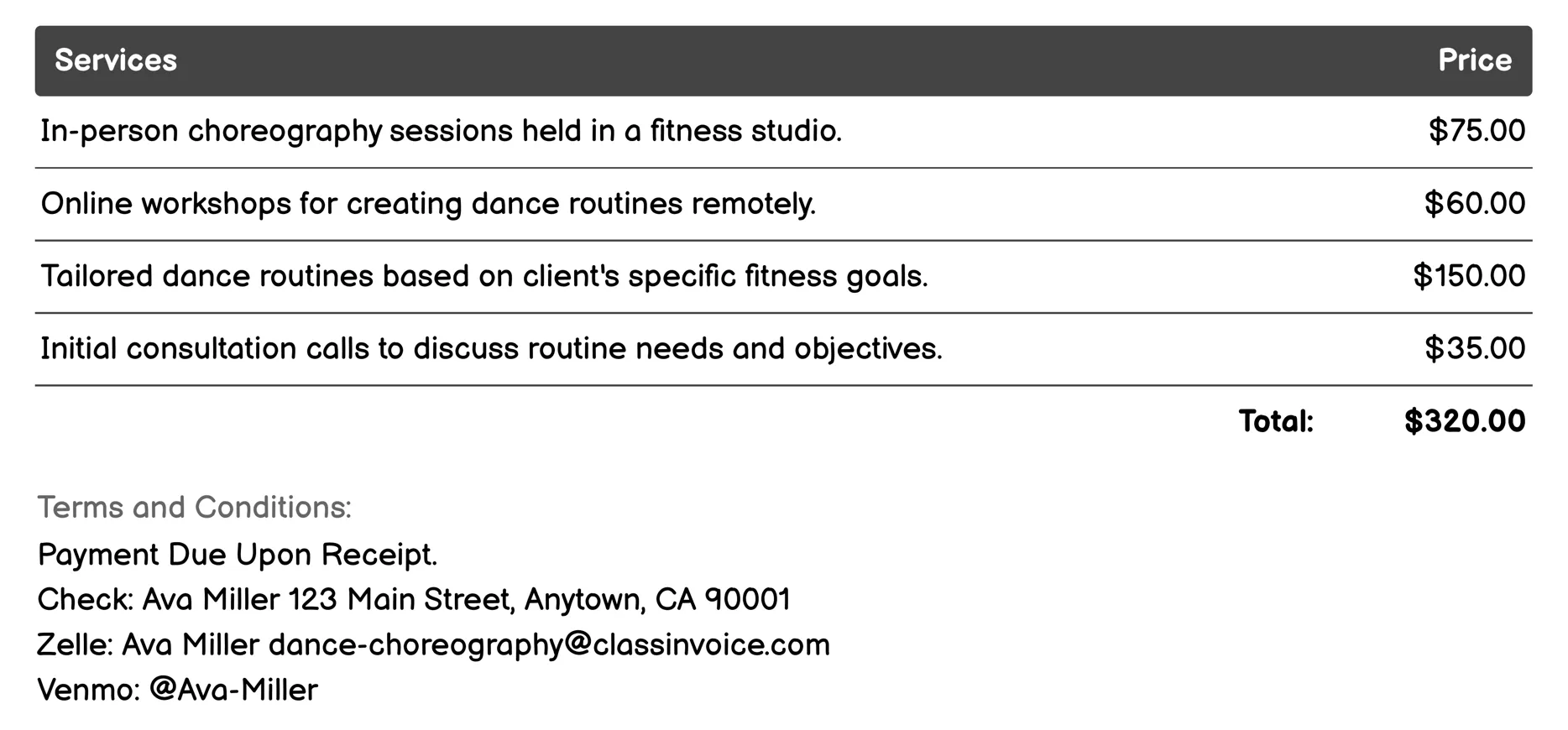 Fitness Dance Choreography Invoice Example