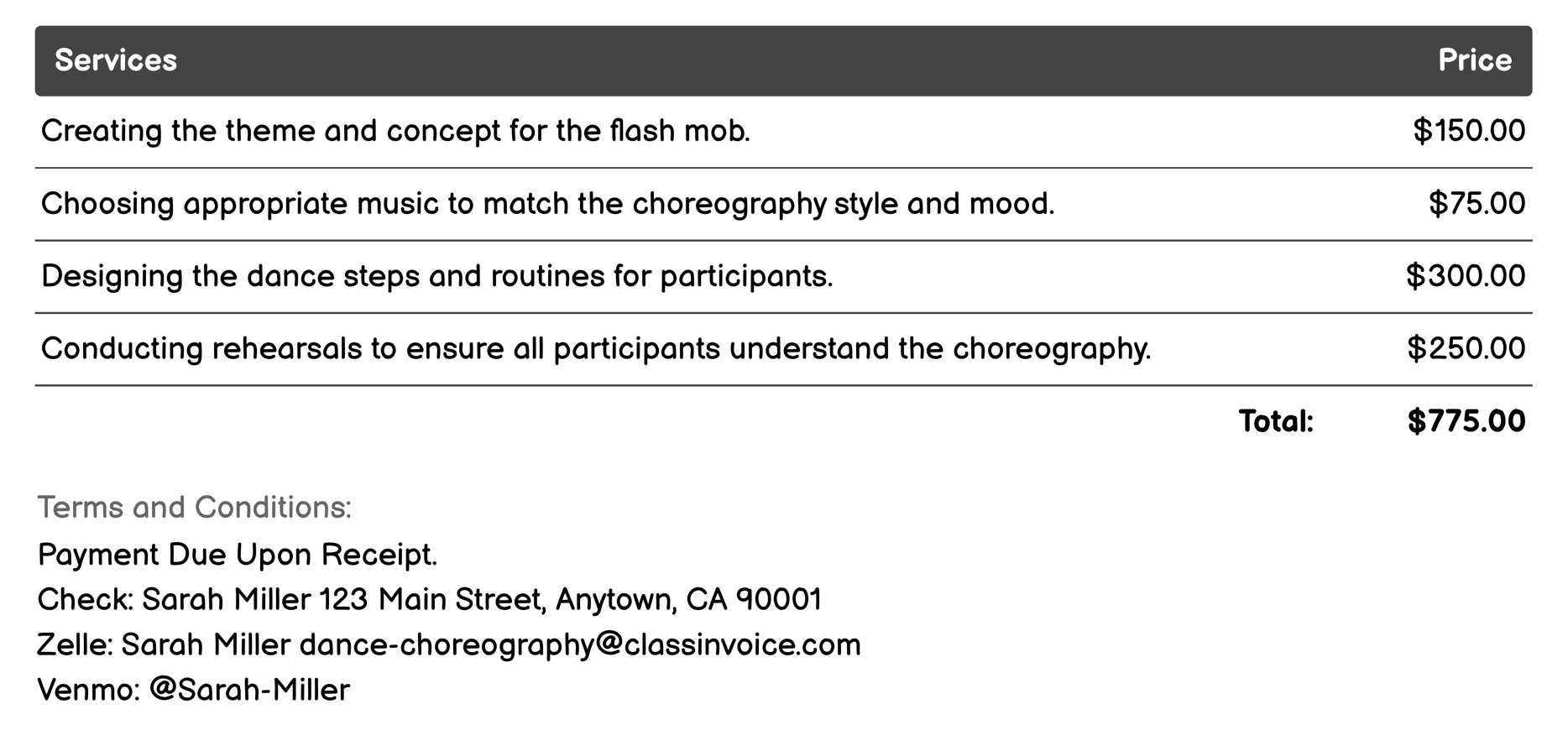 Flash Mob Choreography Invoice Example