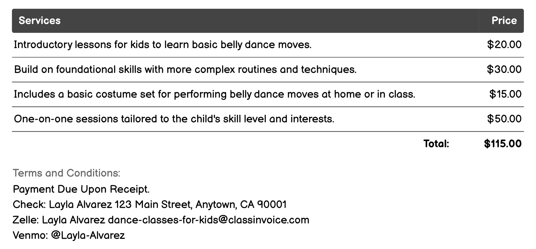 Belly Dancing Invoice Example