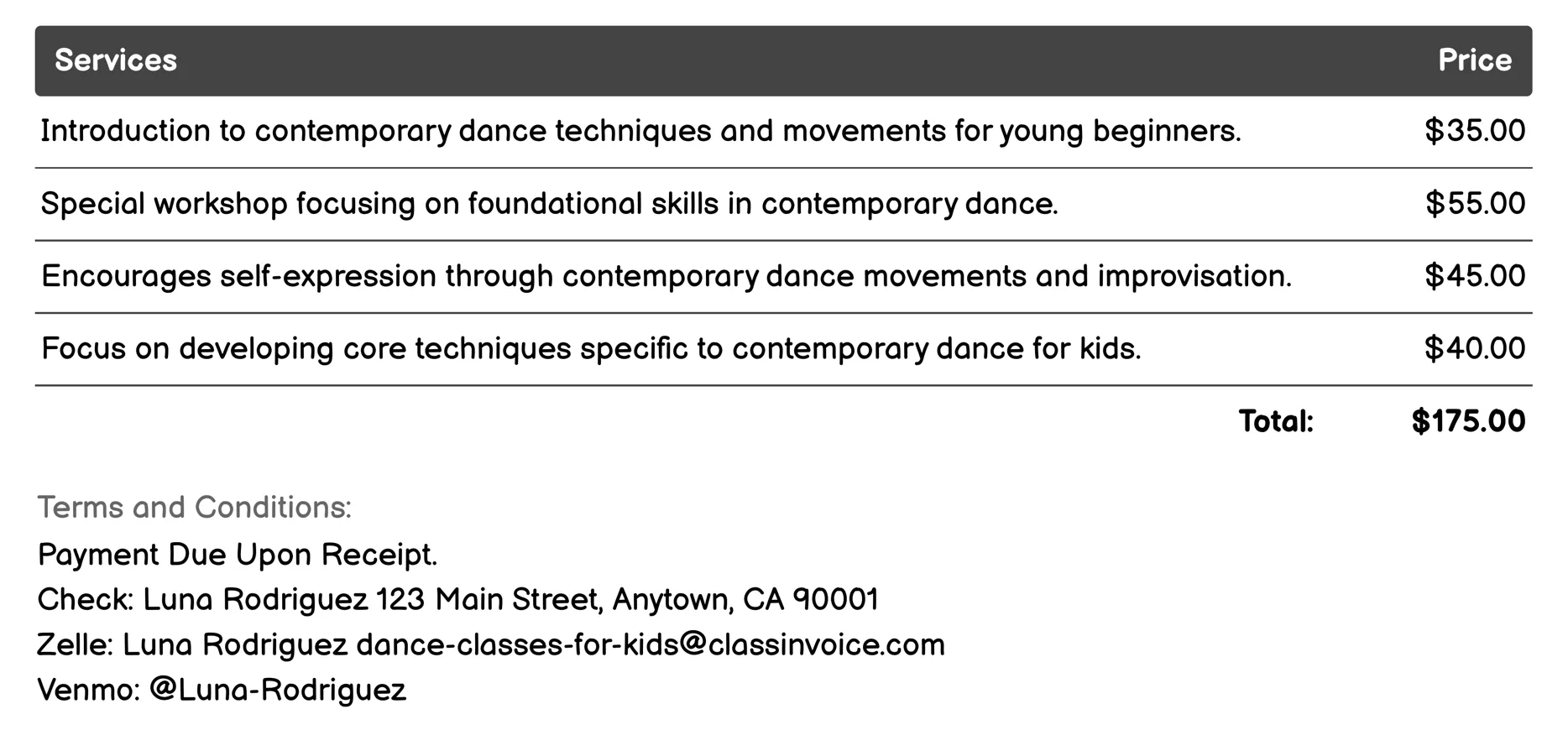 Contemporary Dance Invoice Example