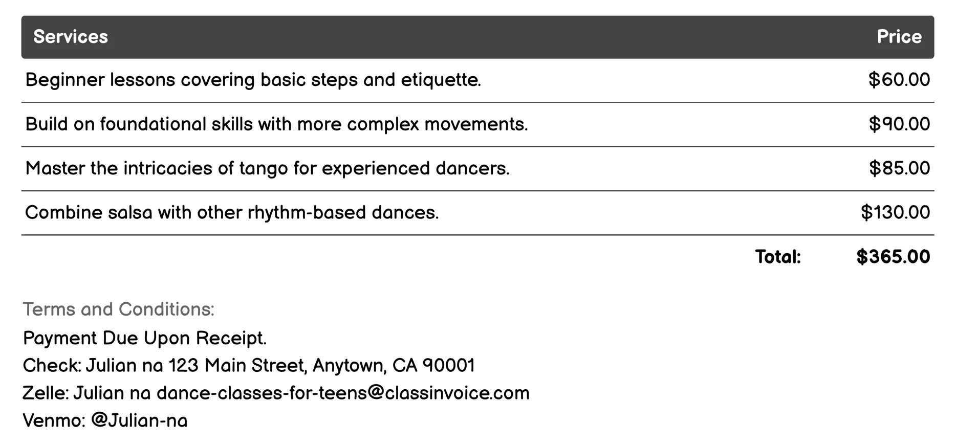Ballroom Dancing Invoice Example
