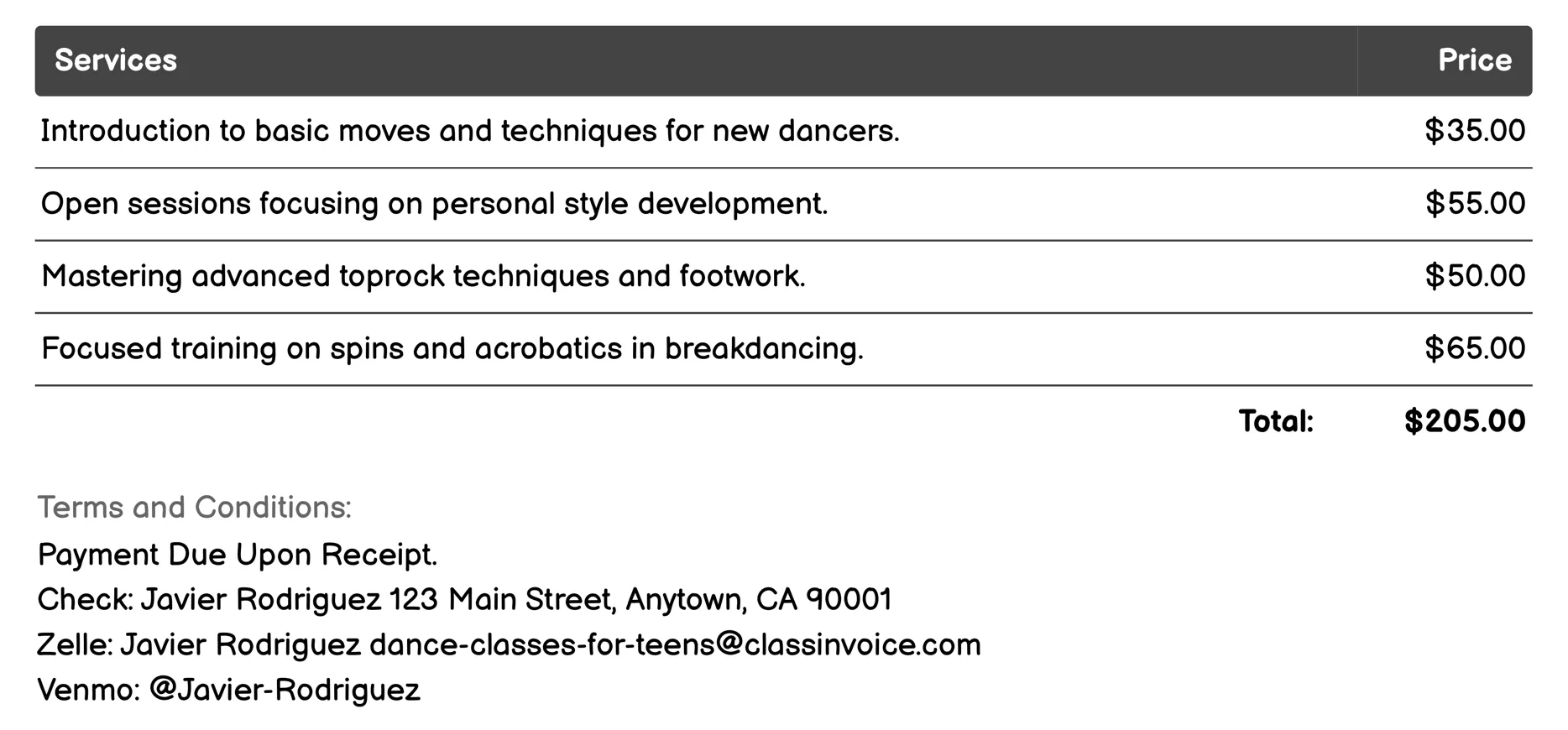 Breakdancing/B-boying Invoice Example