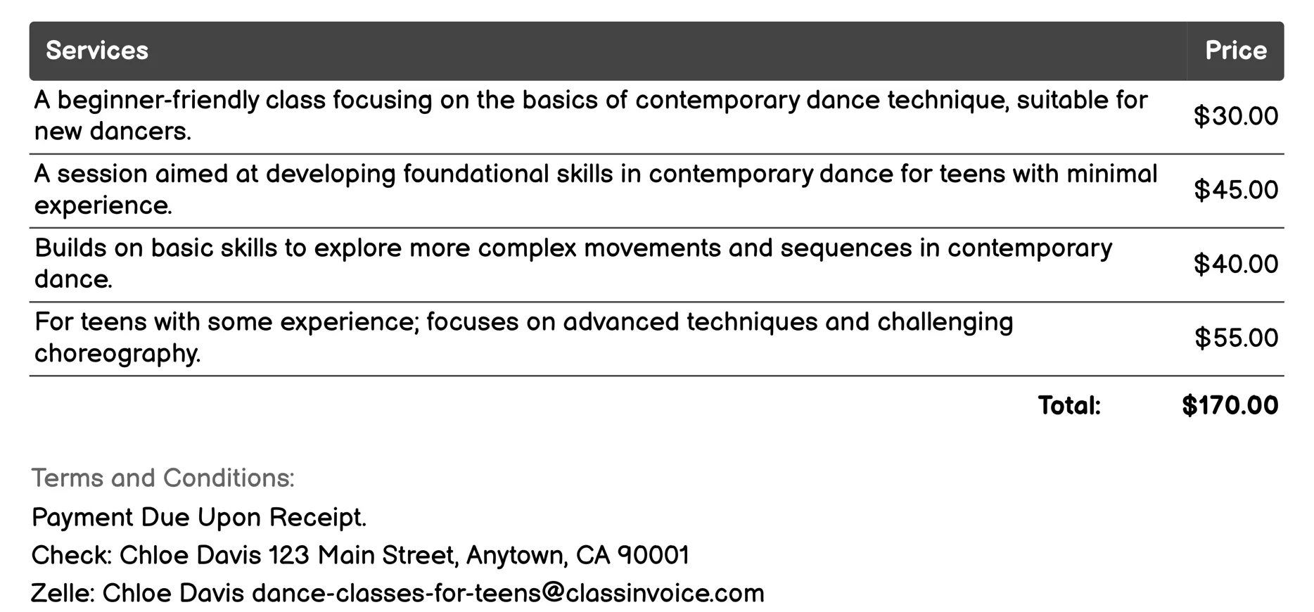 Contemporary Dance Invoice Example