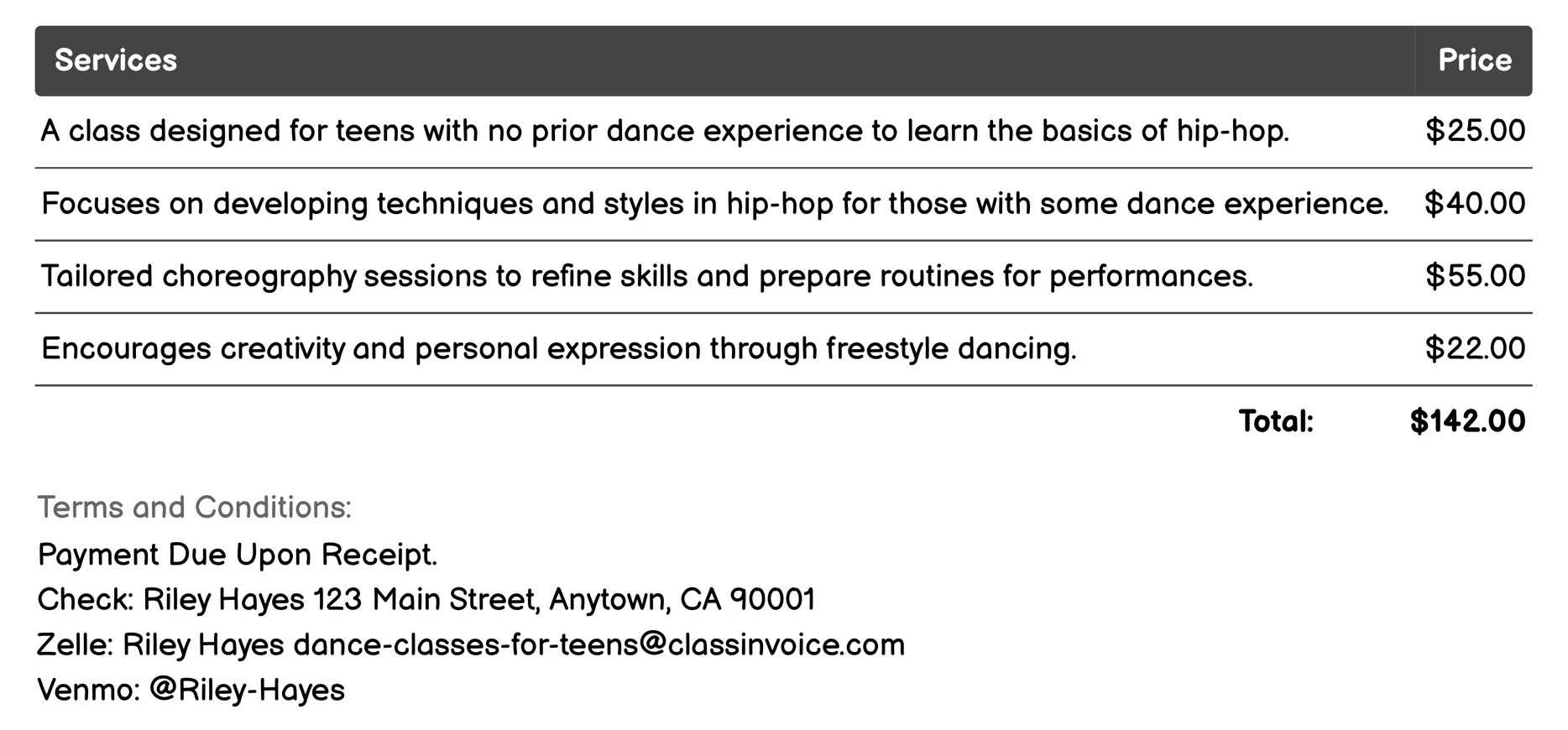 Hip-Hop Dance Invoice Example
