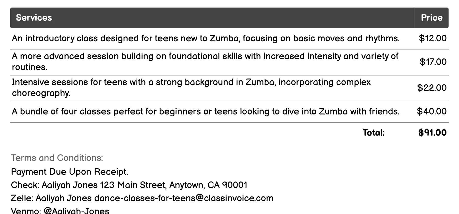 Zumba Invoice Example